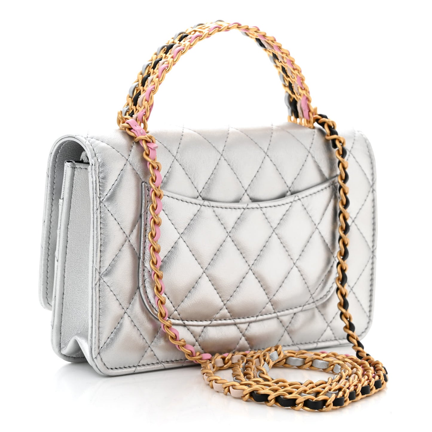 Metallic Calfskin Quilted Top Handle Wallet on Chain WOC Silver