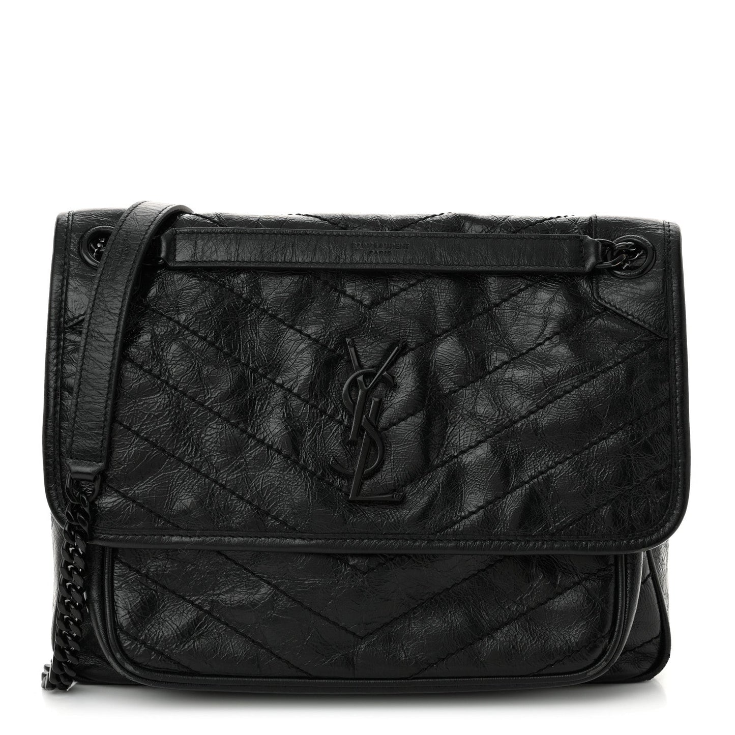 Crinkled Calfskin Matelasse Monogram Medium Niki Chain Satchel Black