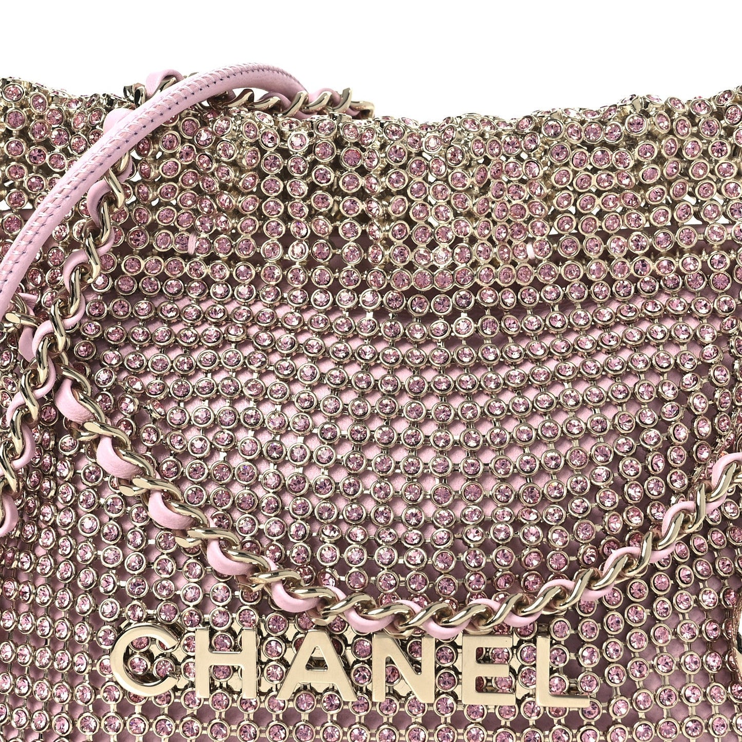 Crystal Embellished Metallic Lambskin Mini Chanel 22 Pink