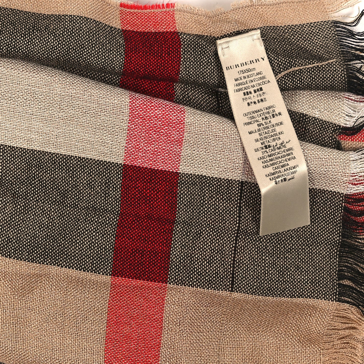 Silk Cashmere Giant Check Lightweight Scarf Camel