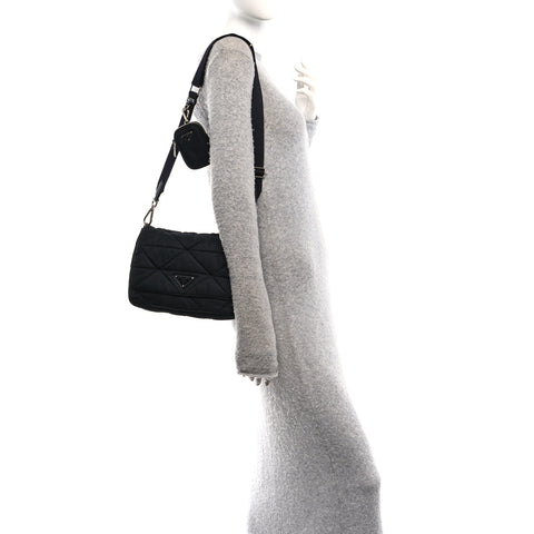 Re-Nylon Quilted Padded Flap Shoulder Bag Black
