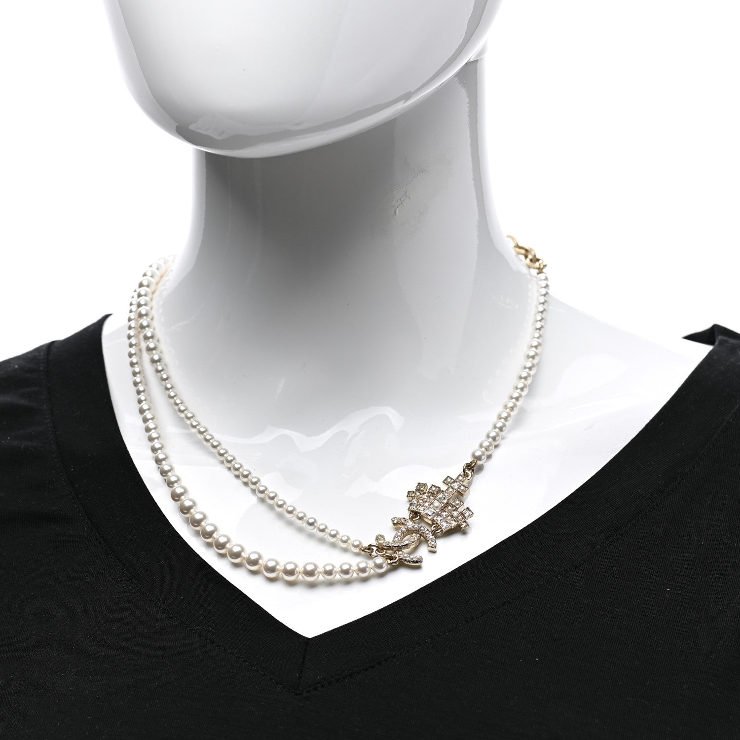 Chanel Pearl Crystal CC Crown Multi Strand Necklace Gold 2 of 7