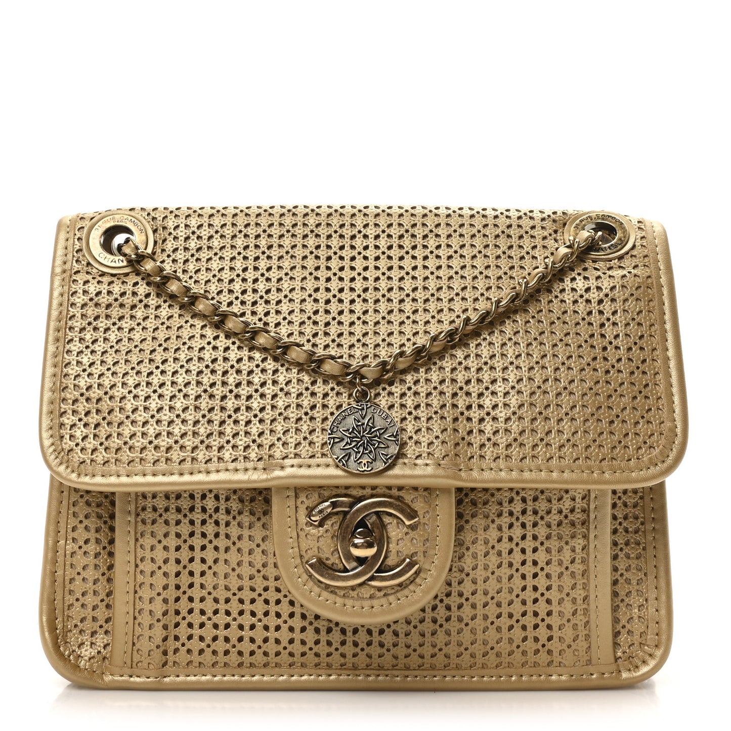 Metallic Perforated Calfskin Small Up In The Air Flap Gold