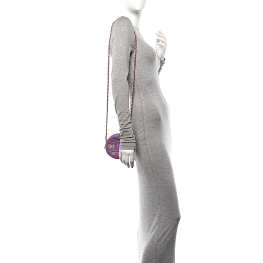 Tweed Quilted Round Filigree Clutch With Chain Purple Multicolor