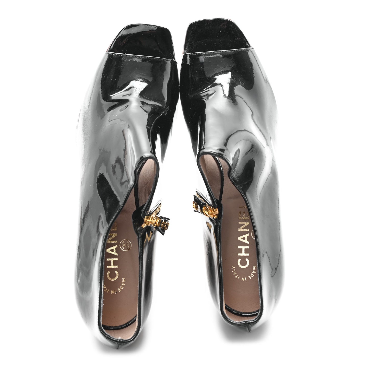 Patent Calfskin Peep Toe Short Ankle Boots 41 Black Gold