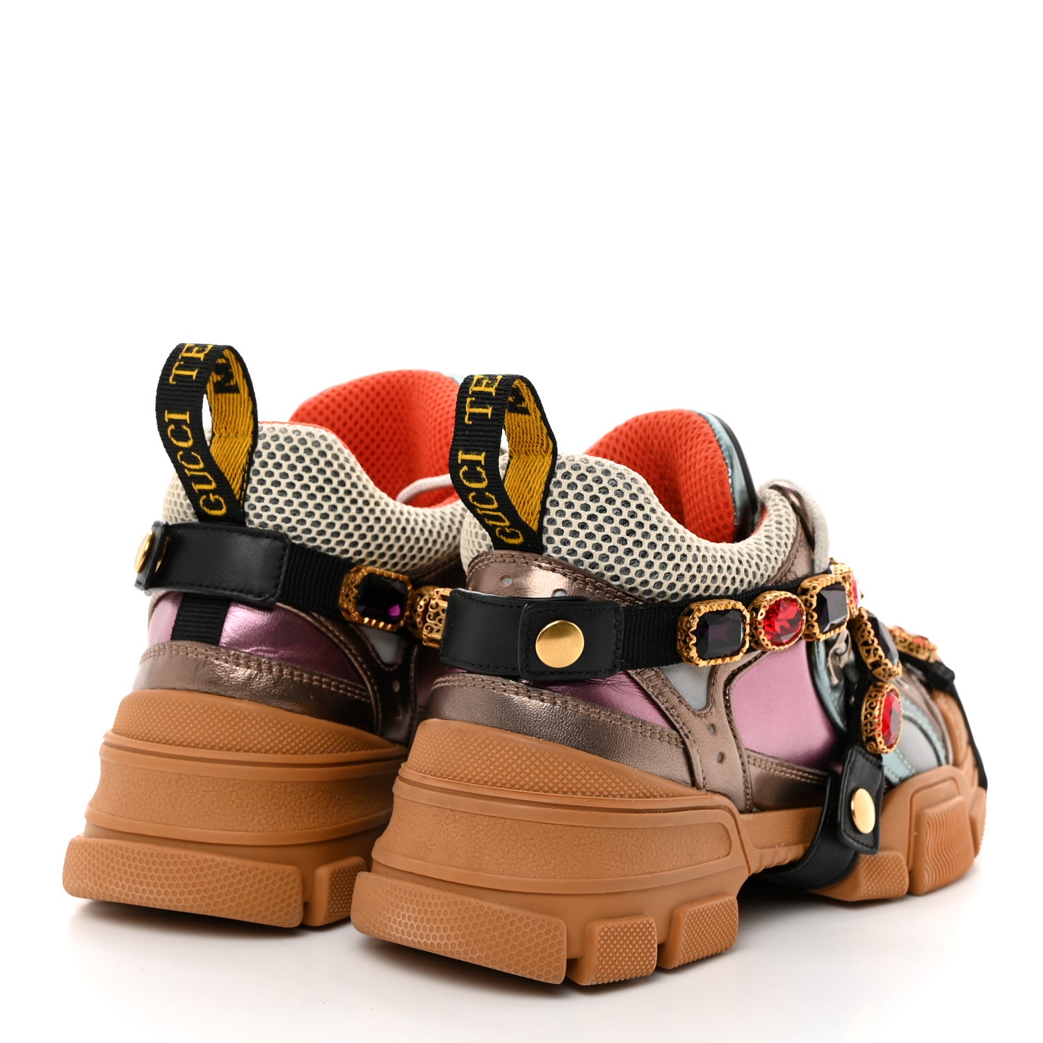 Gucci X SEGA Metallic Calfskin Mesh Removable Crystals Womens Flashtrek Sneakers 36 Rame Mystic White Lago 4 of 8