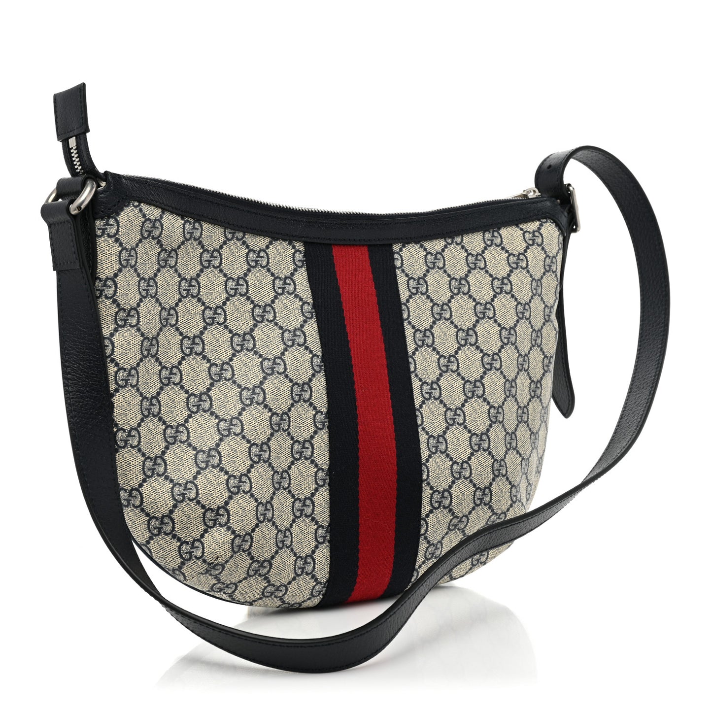 GG Supreme Monogram Textured Dollar Calfskin Web Small Ophidia Half Moon Hobo Beige Blue