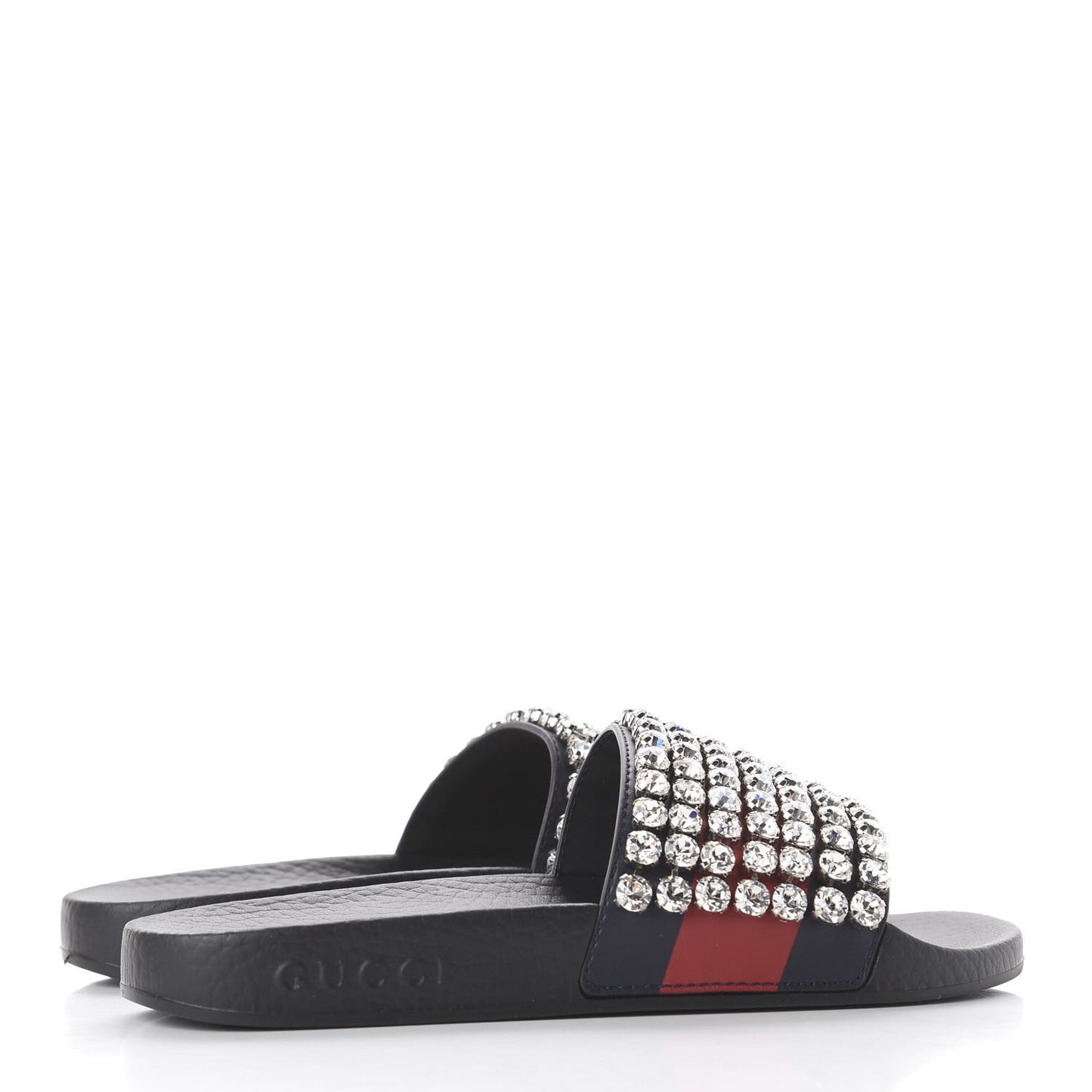 Calfskin Crystal Embellished Web Slide Sandals 35 Blue Red