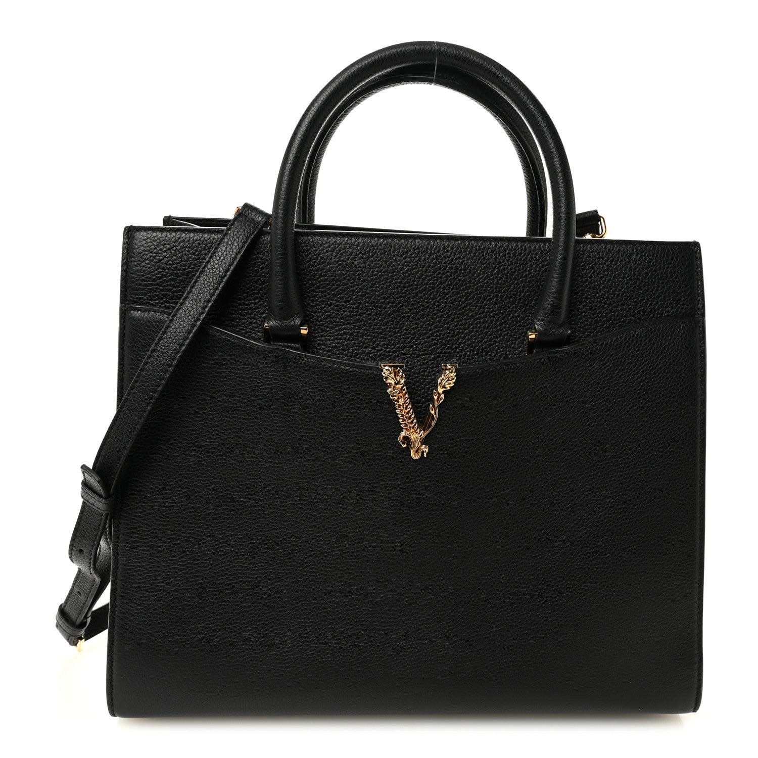 Versace Grainy Calfskin Large Virtus Top Handle Tote Black 1818708