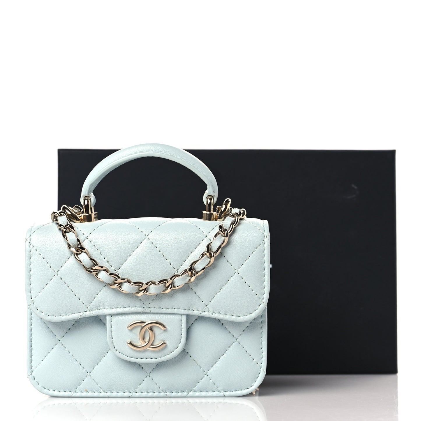 Lambskin Quilted Top Handle Flap Coin Purse With Chain Light Blue
