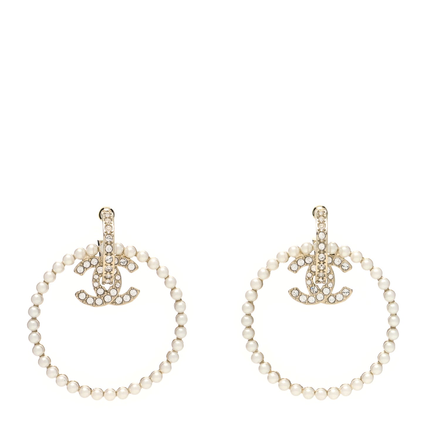 Crystal Pearl CC Door Knocker Hoop Earrings Gold Pearly White