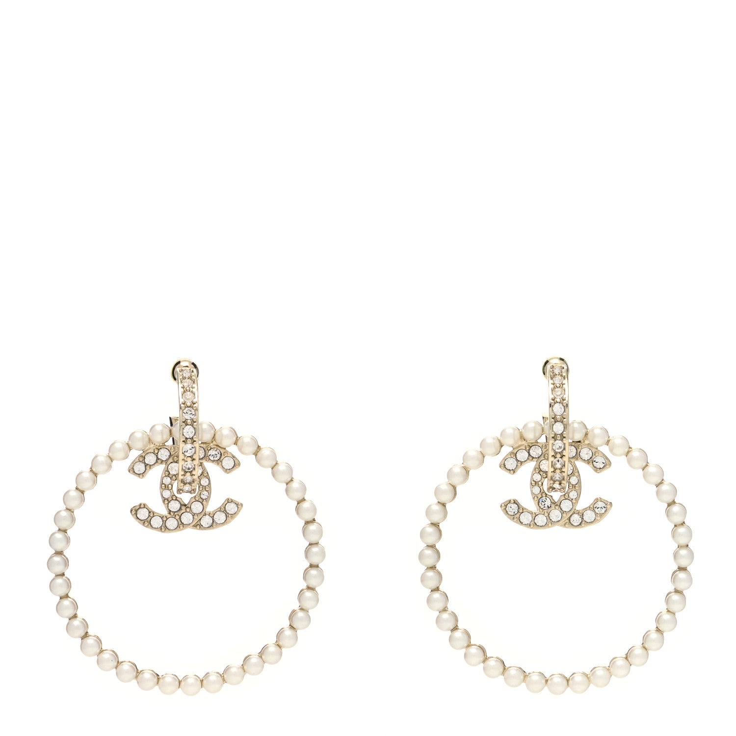 Chanel Crystal Pearl CC Door Knocker Hoop Earrings Gold Pearly White 1 of 4