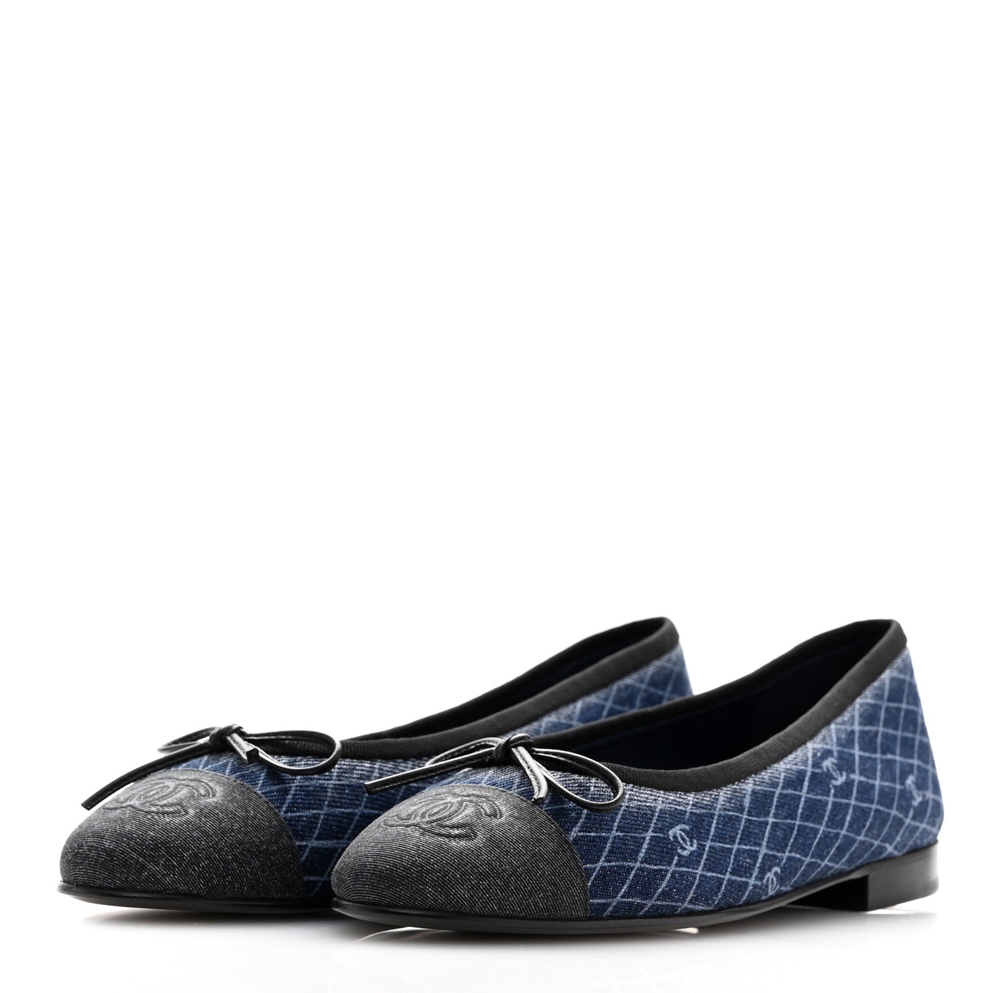 Denim Printed Quilt CC Cap Toe Ballerina Flats 36 Navy Blue Dark Grey