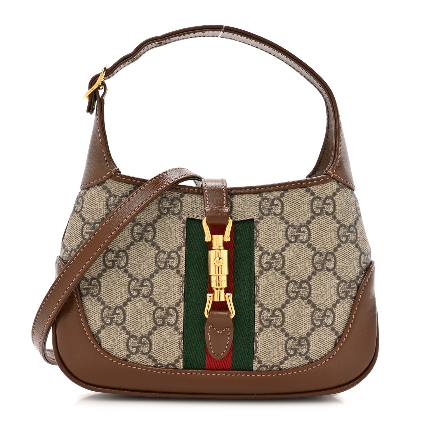 GG Supreme Monogram Azalea Calfskin Web Mini Jackie 1961 Hobo Beige Ebony Brown Sugar