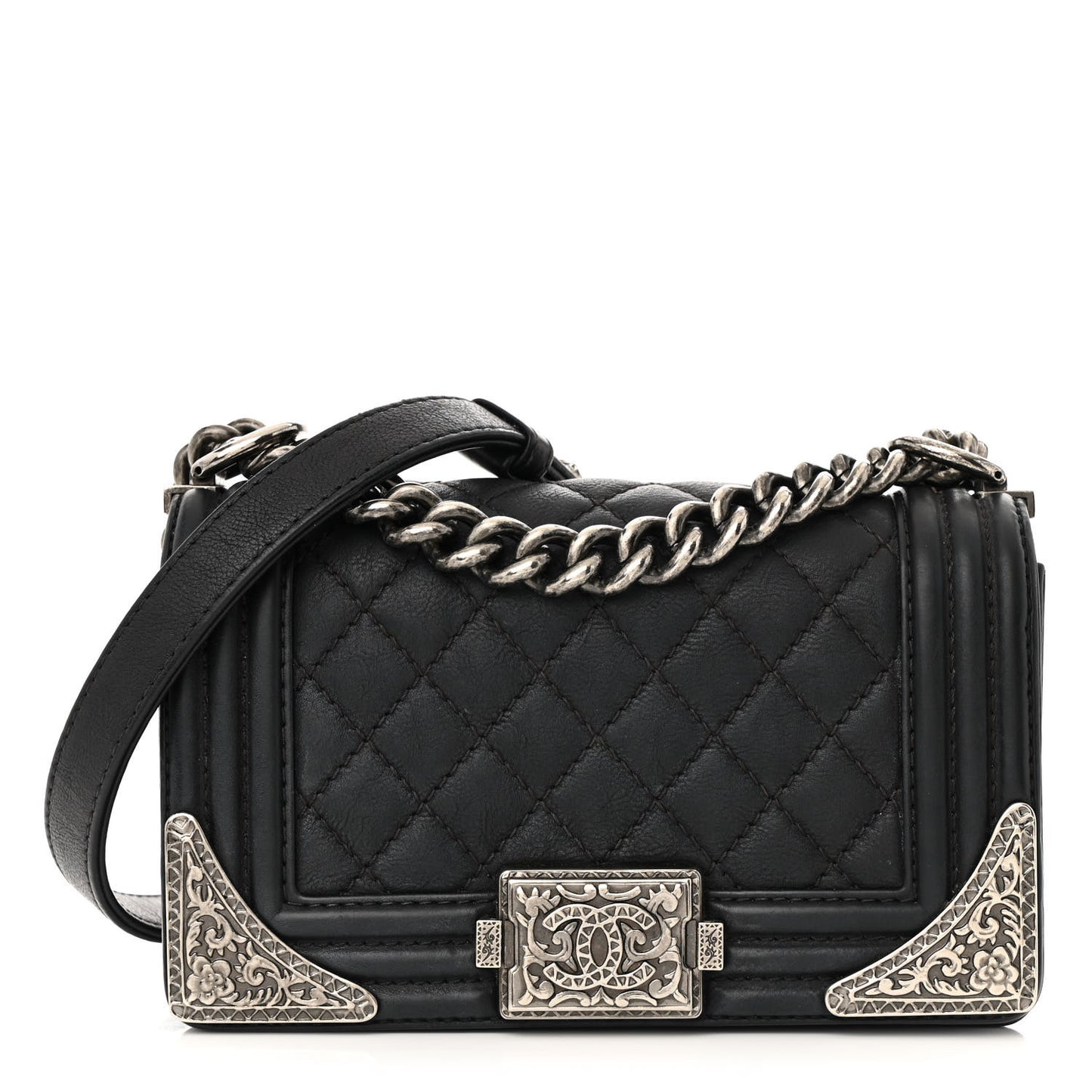 Calfskin Quilted Embellished Metal Small Boy Flap Black