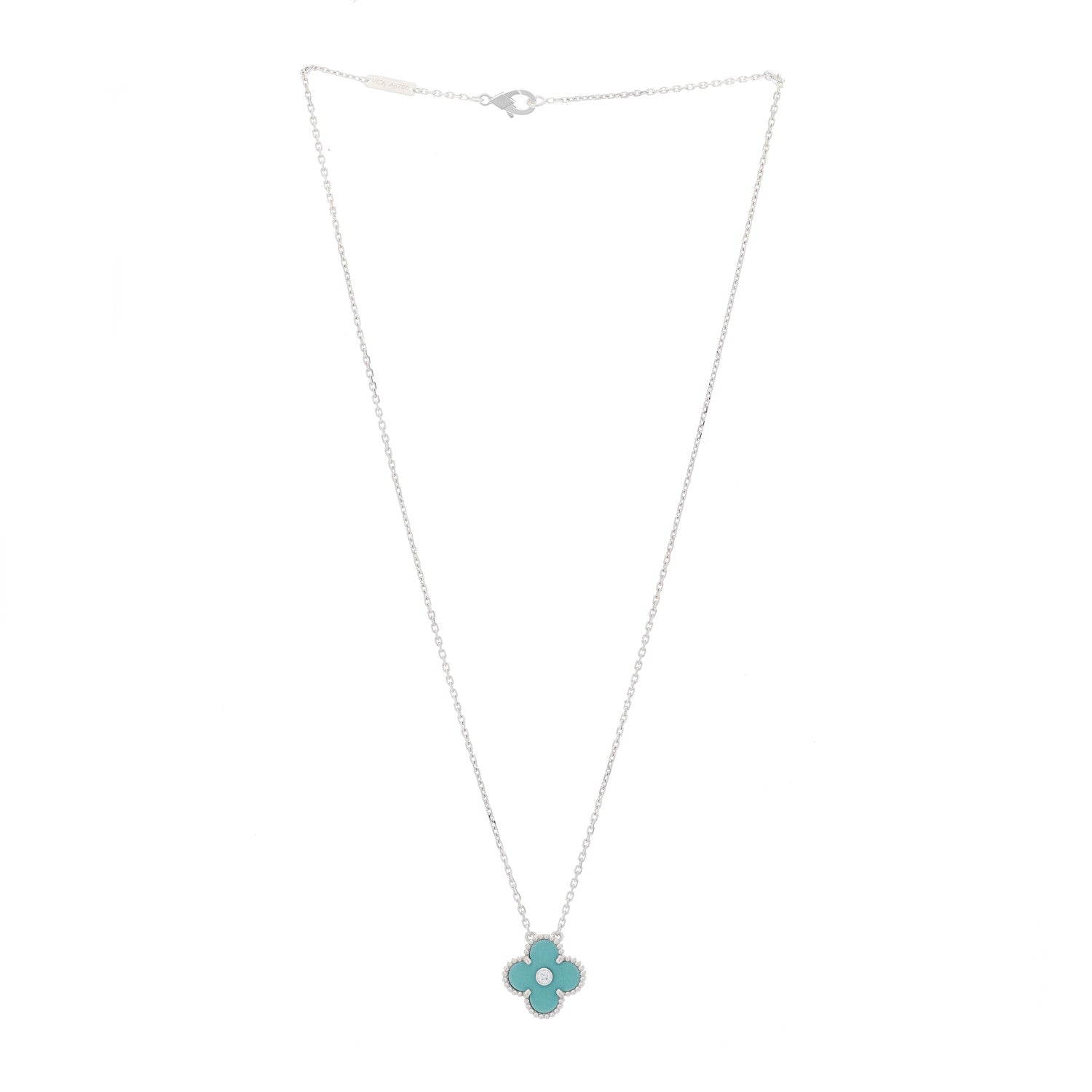 Van Cleef & Arpels 18K White Gold Diamond Celadon Green Sevres Porcelain Vintage Alhambra Pendant Necklace 2 of 4