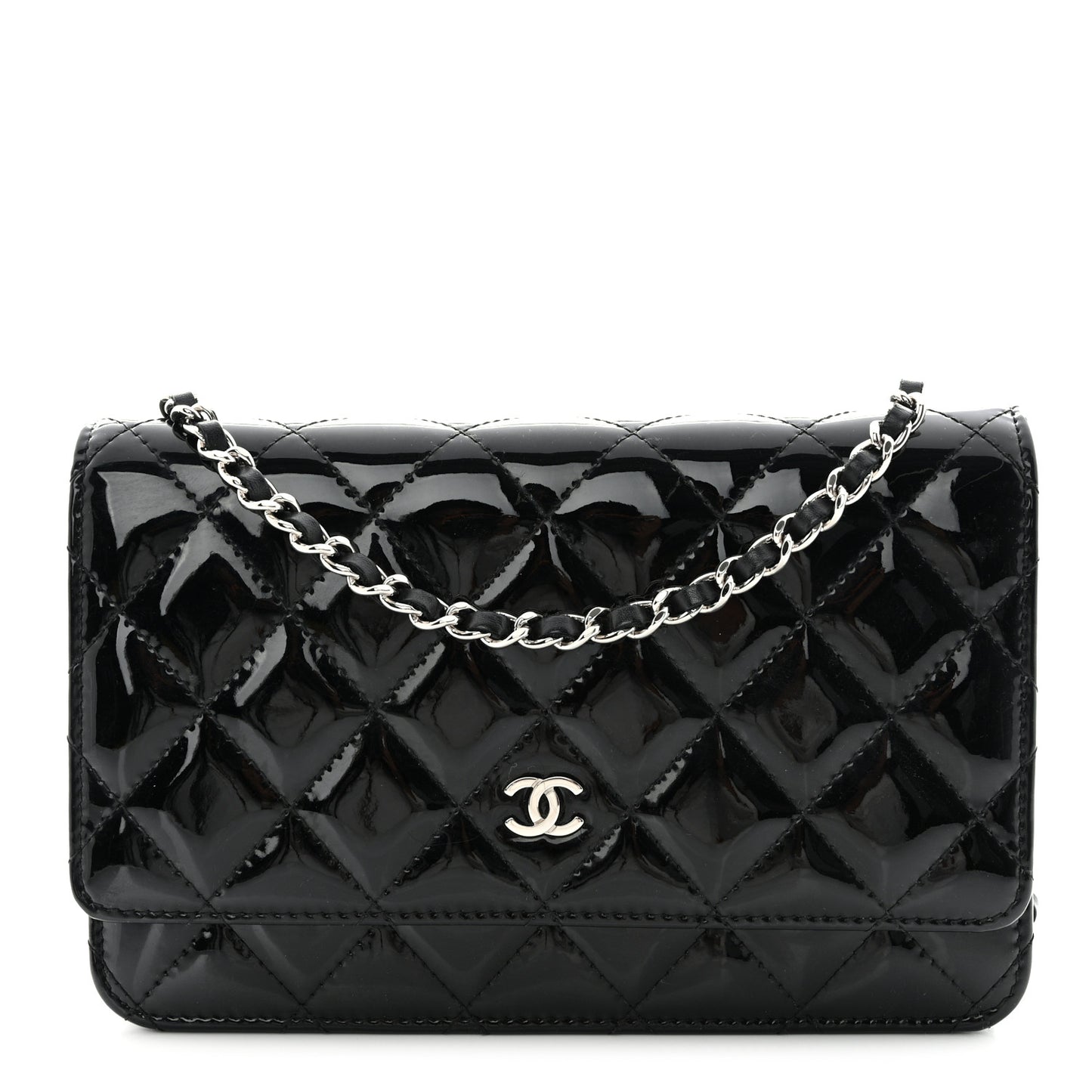 Patent Quilted Wallet On Chain WOC Black