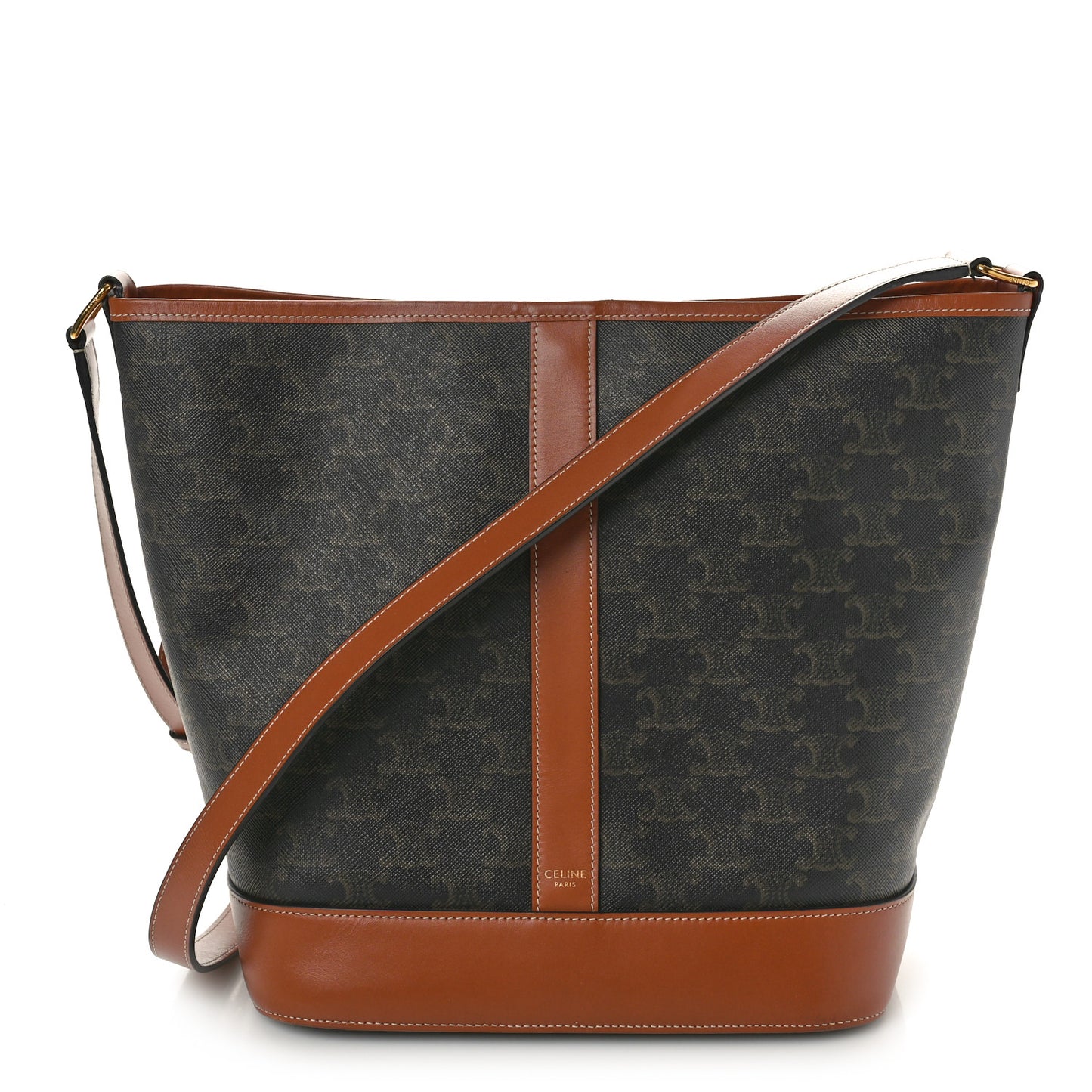 Triomphe Canvas Calfskin Medium Bucket Bag Tan