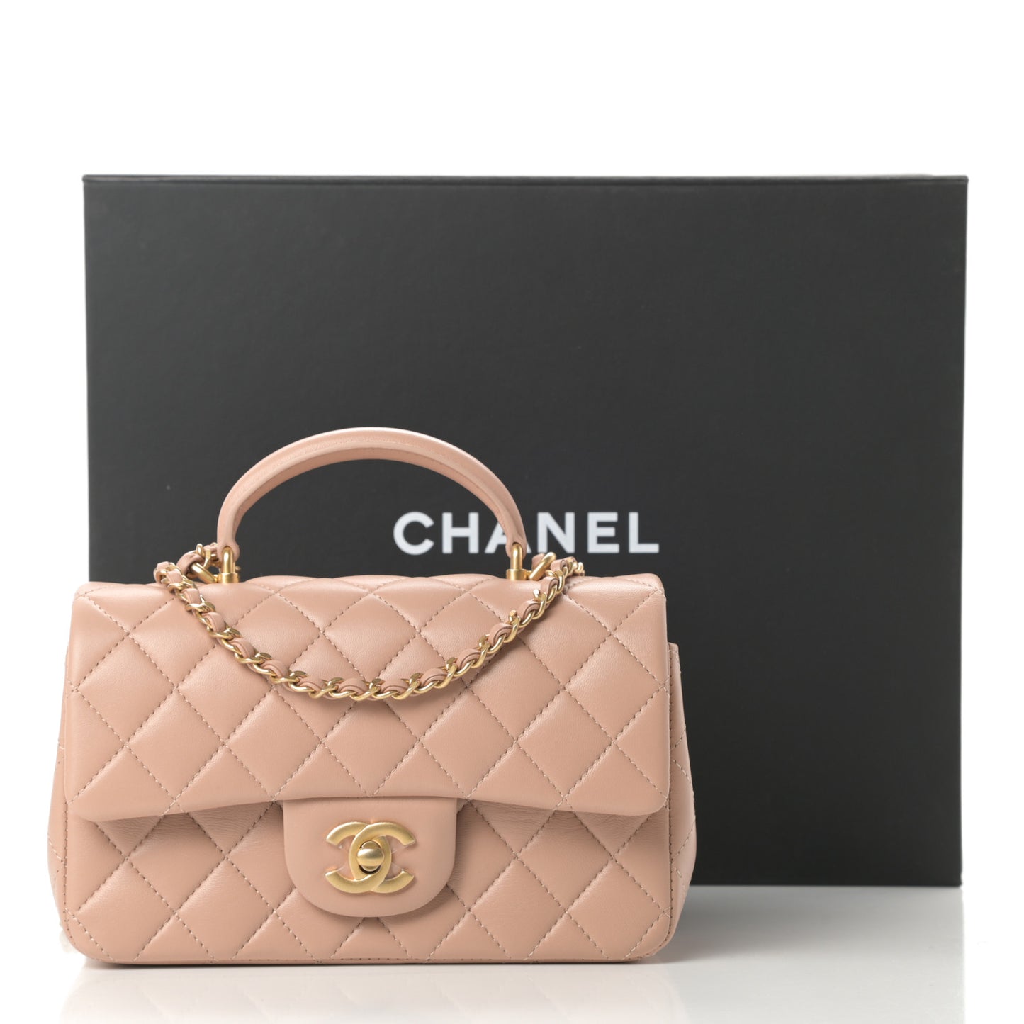 Lambskin Quilted Mini Top Handle Rectangular Flap Beige
