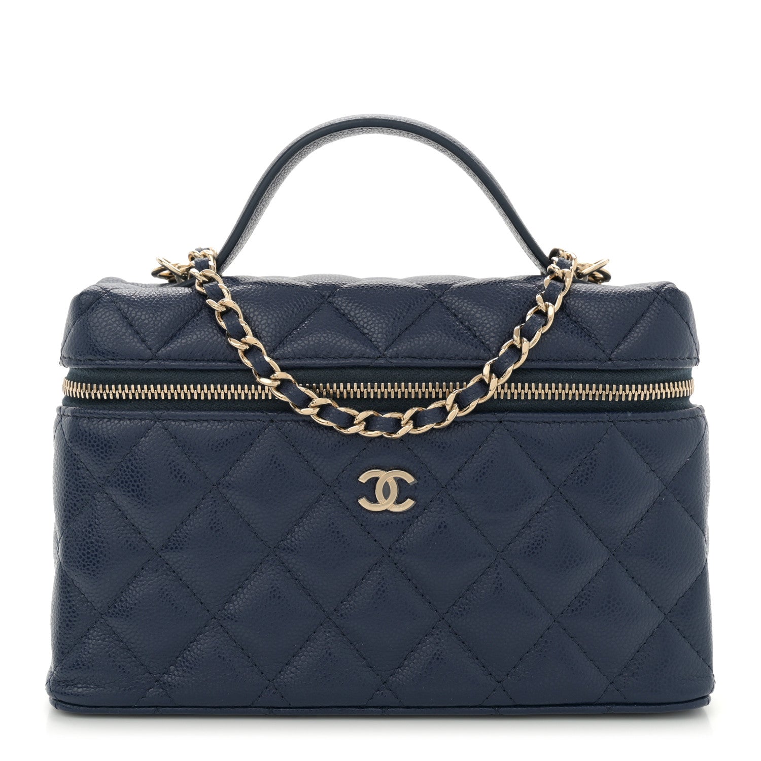 Chanel Caviar Quilted Top Handle Slim Vanity With Chain Navy