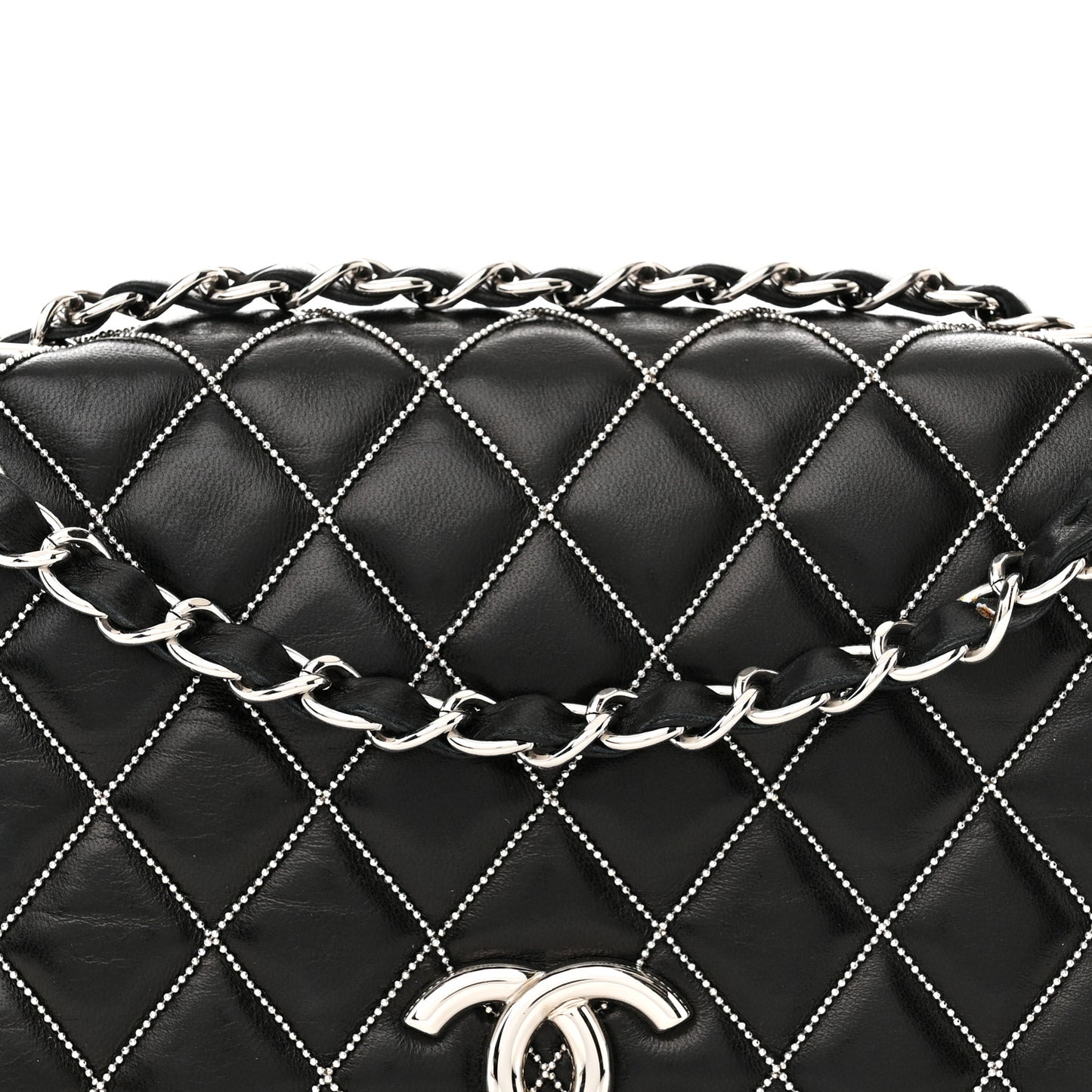 Lambskin Studded Medium Metal Beauty Flap Black