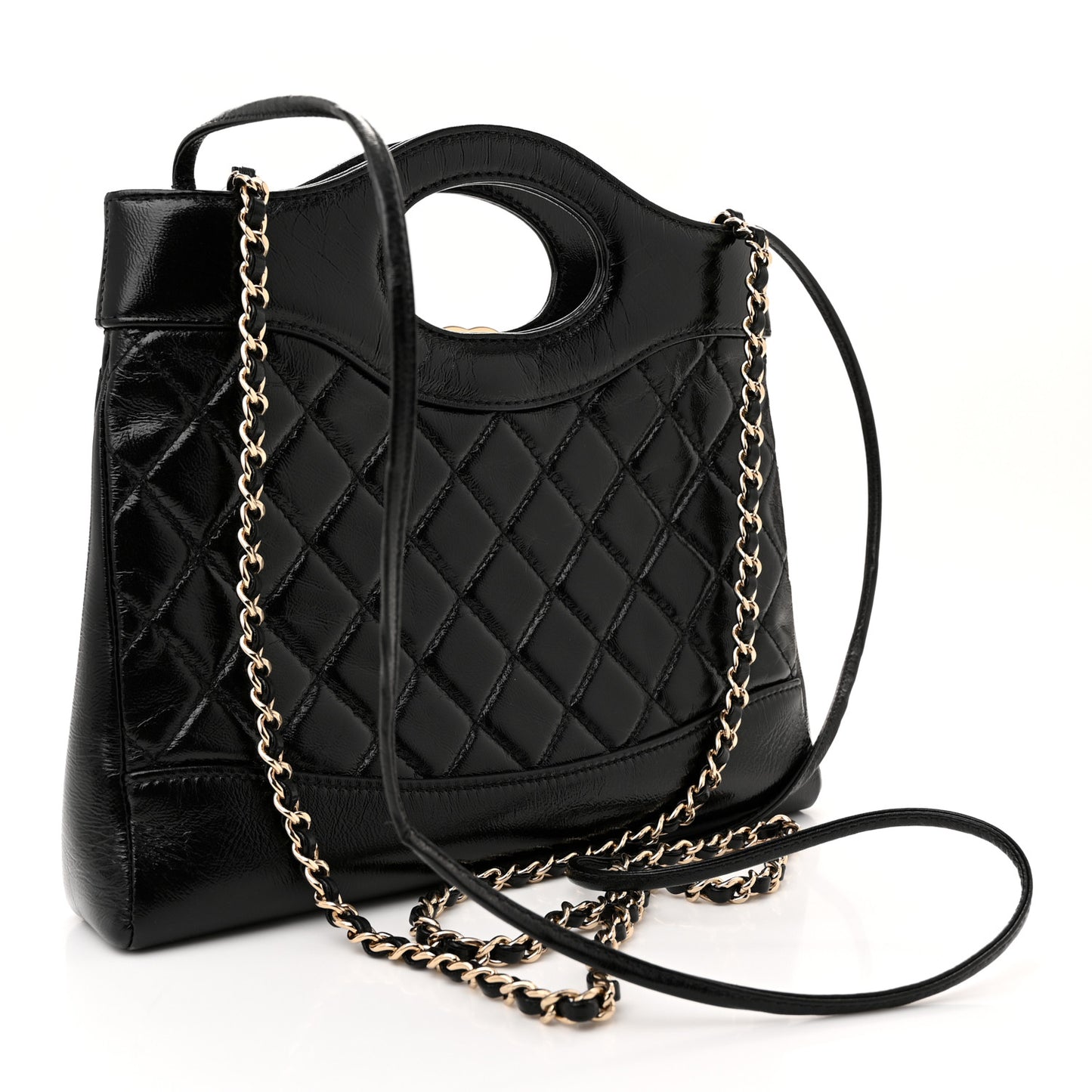 Shiny Crumpled Calfskin Quilted Mini 31 Shopping Bag Black