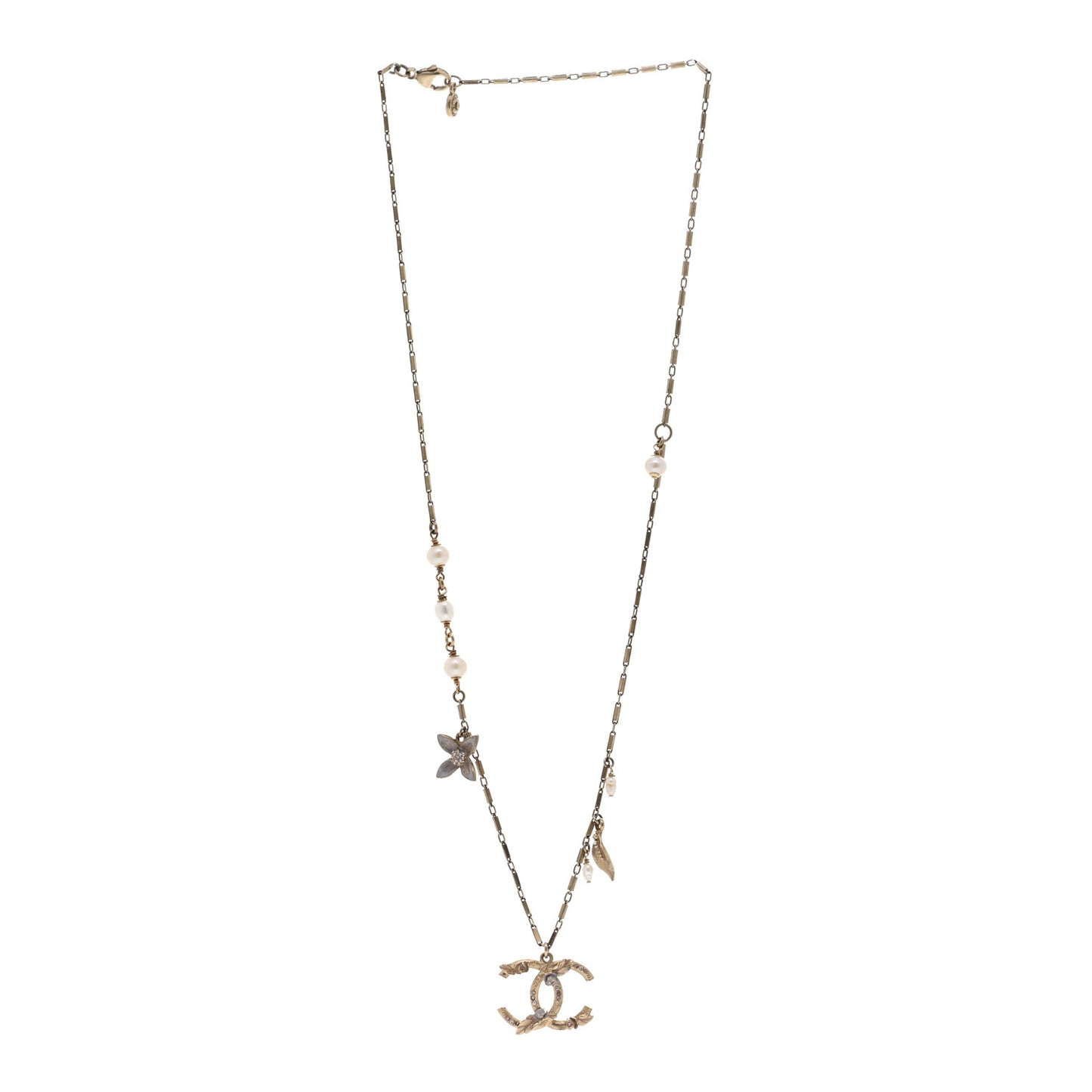 Crystal Pearl CC Camellia Flower Necklace Gold