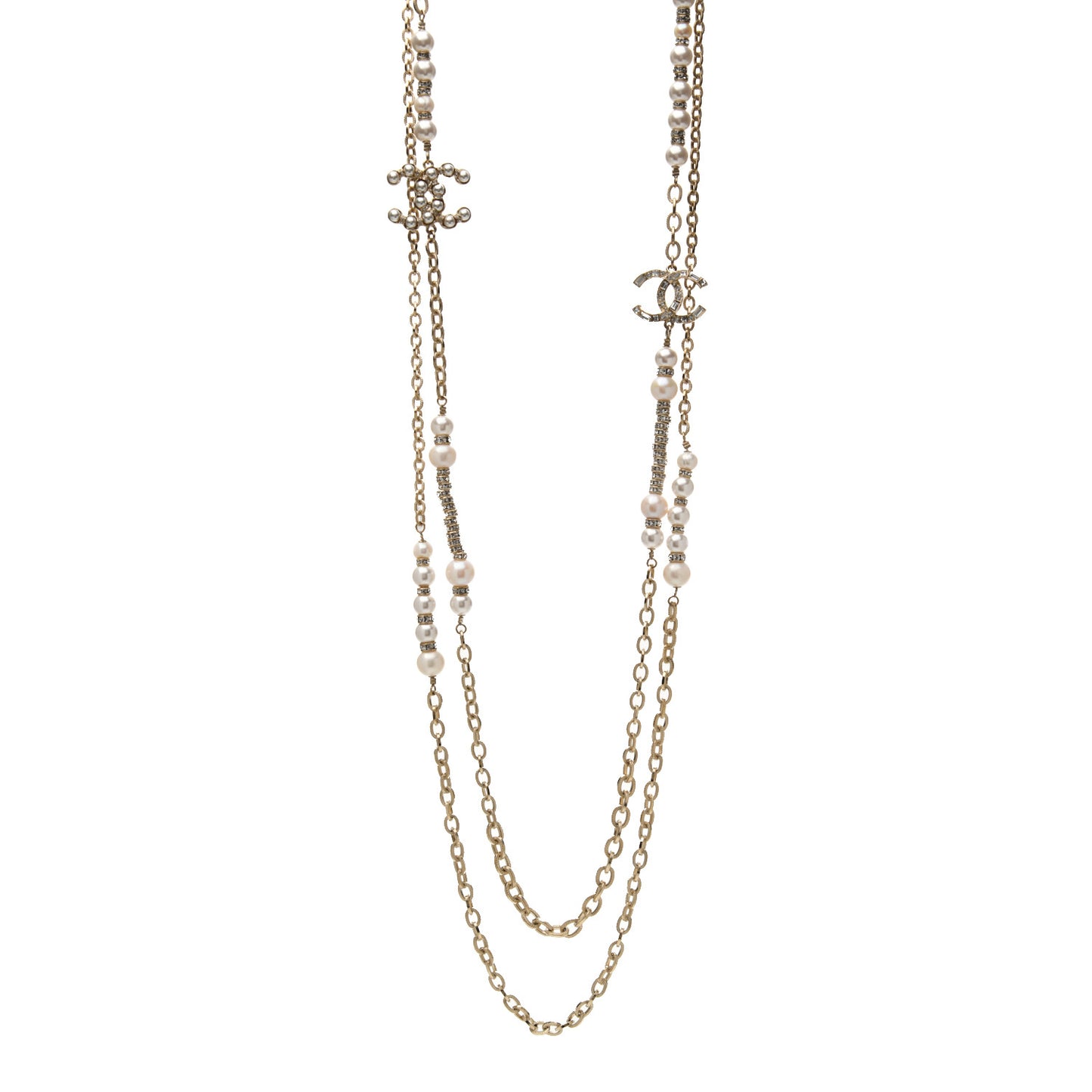 Crystal Pearl CC Long Multistrand Necklace Gold