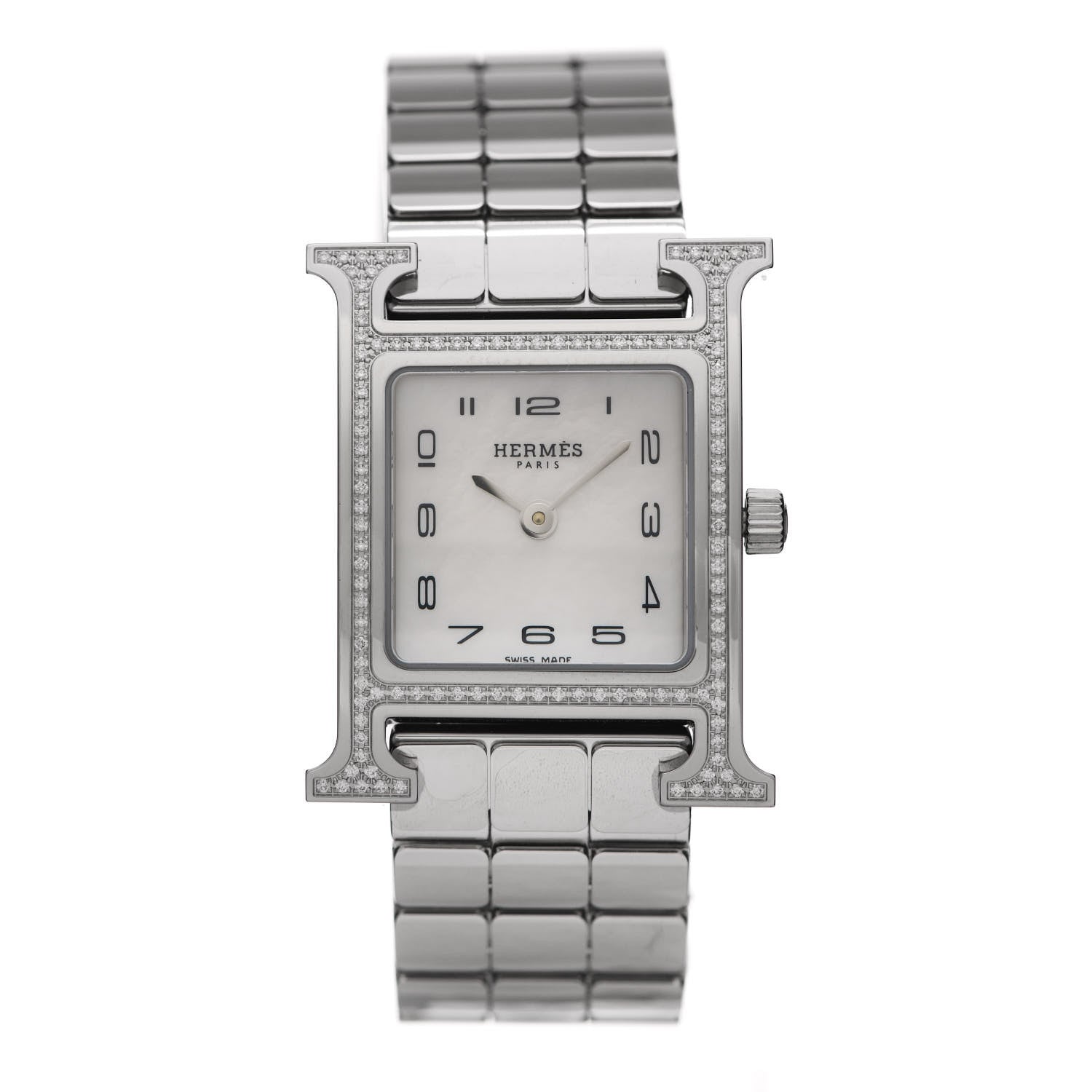 Hermes Stainless Steel Diamond Bezel Mother of Pearl 21mm Heure H Hour Quartz Watch 1 of 5