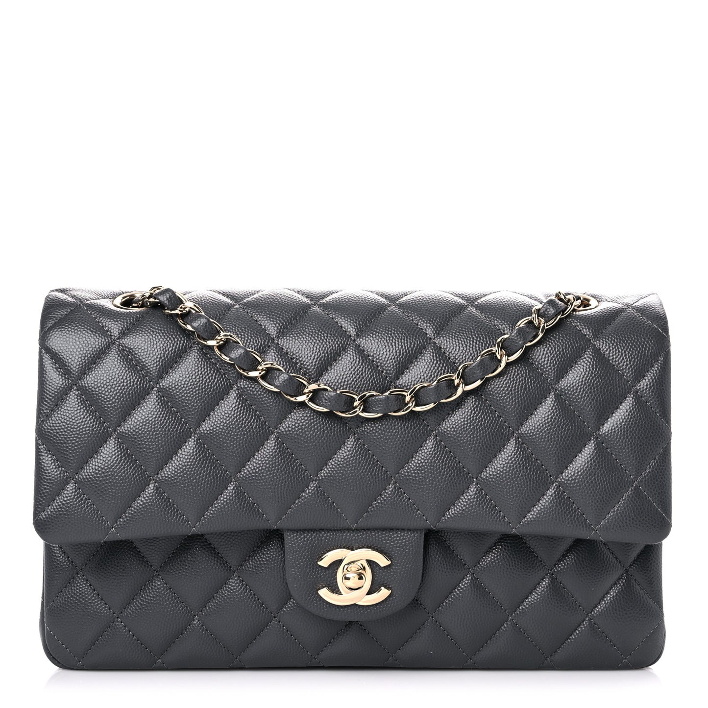 Caviar Quilted Medium Double Flap Dark Grey
