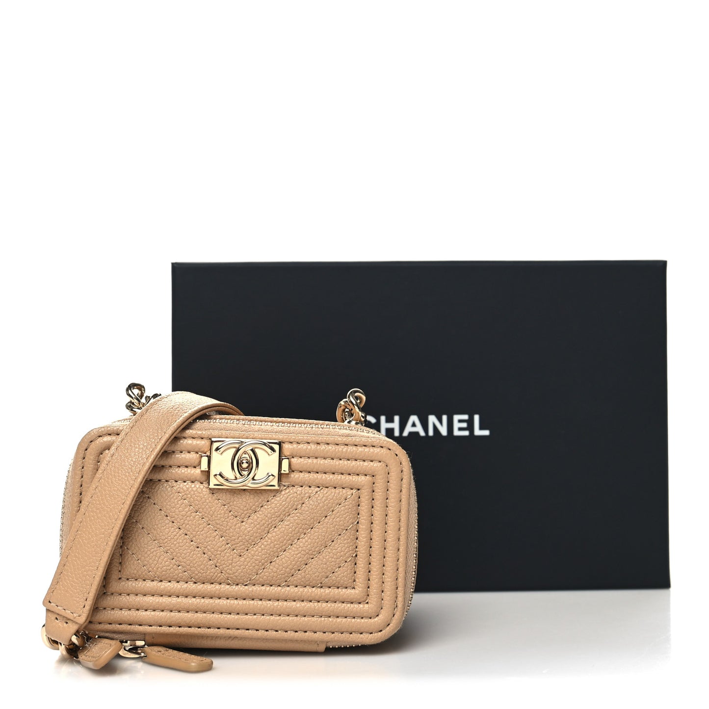 Caviar Chevron Quilted Mini Boy Clutch With Chain Beige