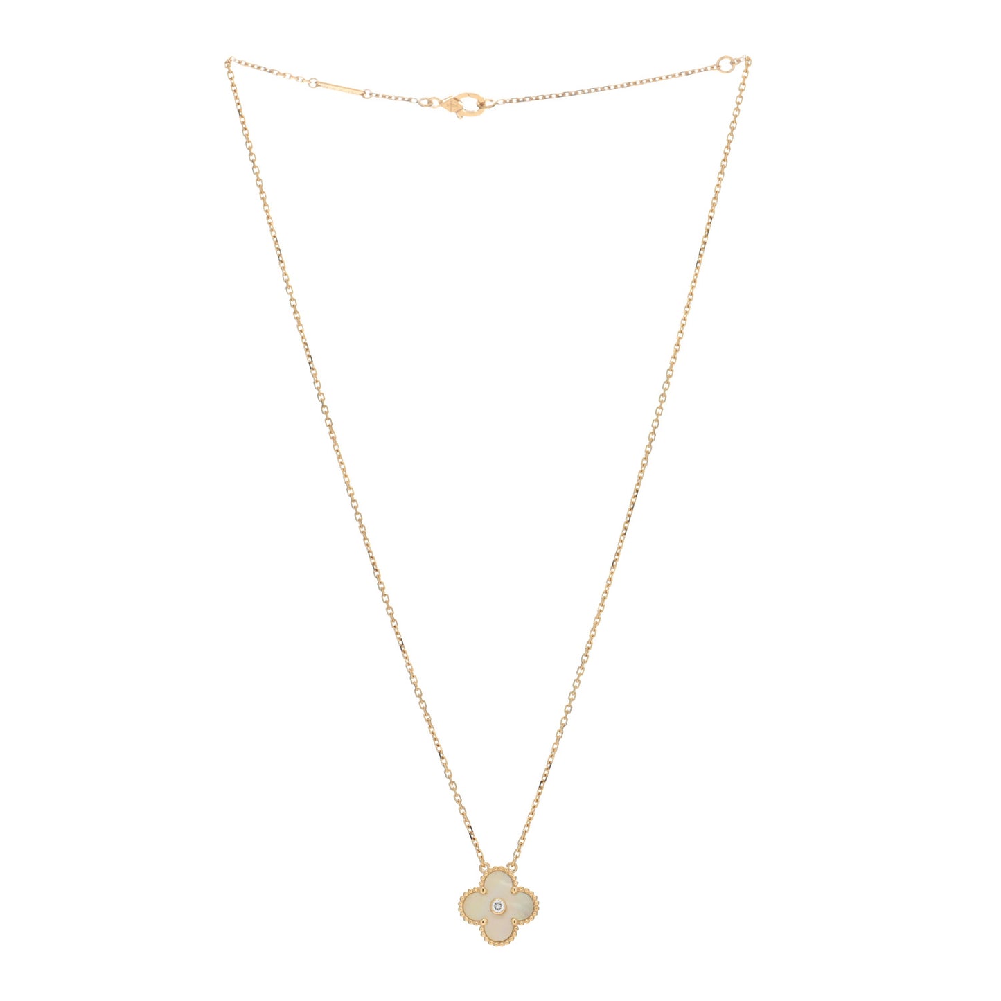 18K Yellow Gold Diamond Yellow Mother of Pearl Vintage Alhambra Pendant Necklace