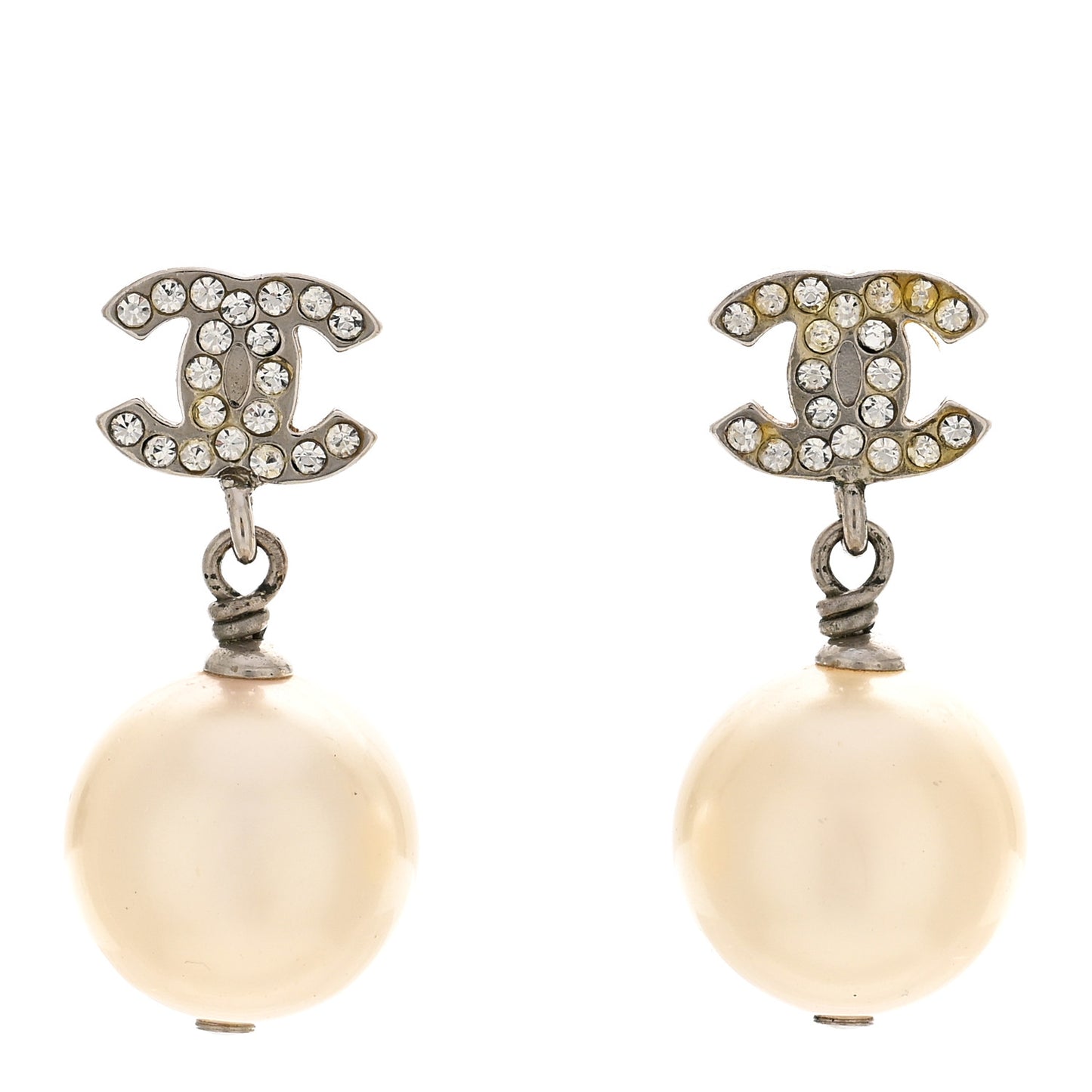 Crystal Pearl CC Drop Earrings Silver Pearly White