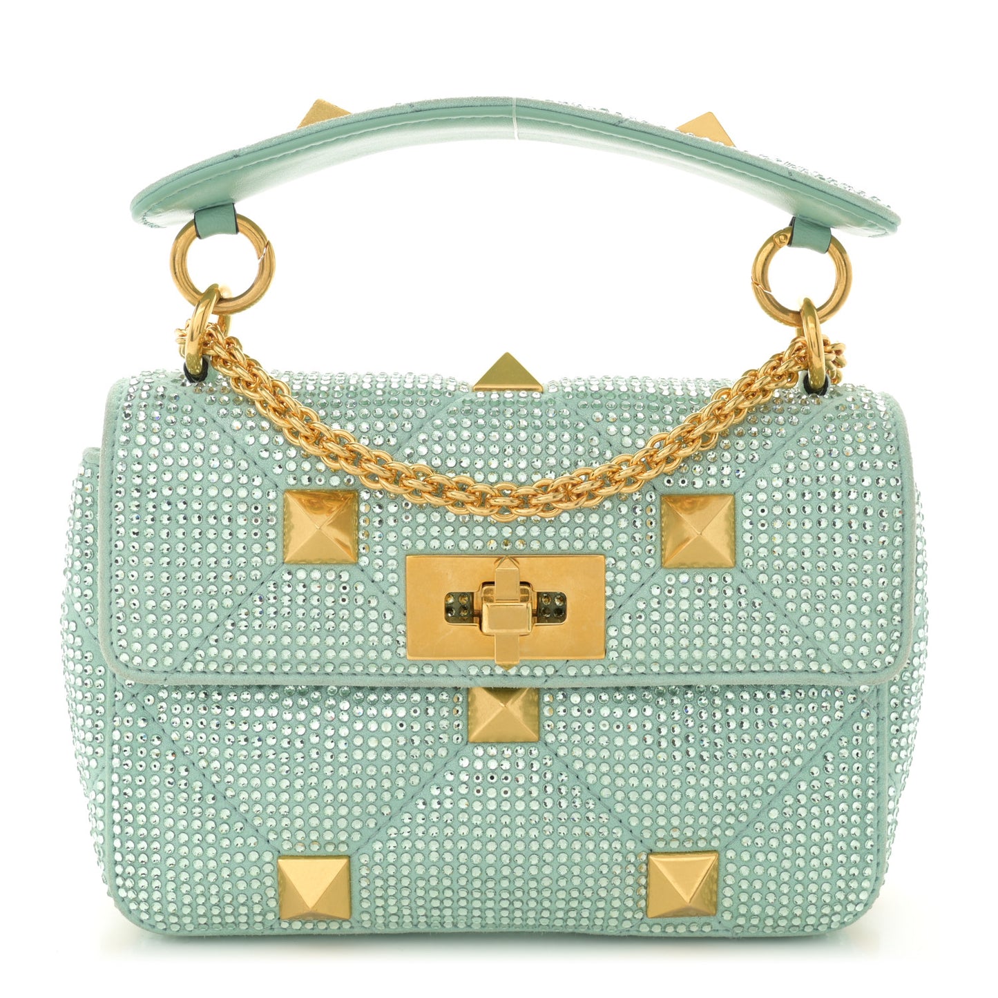 Crystal Suede Small Roman Stud Shoulder Bag Green