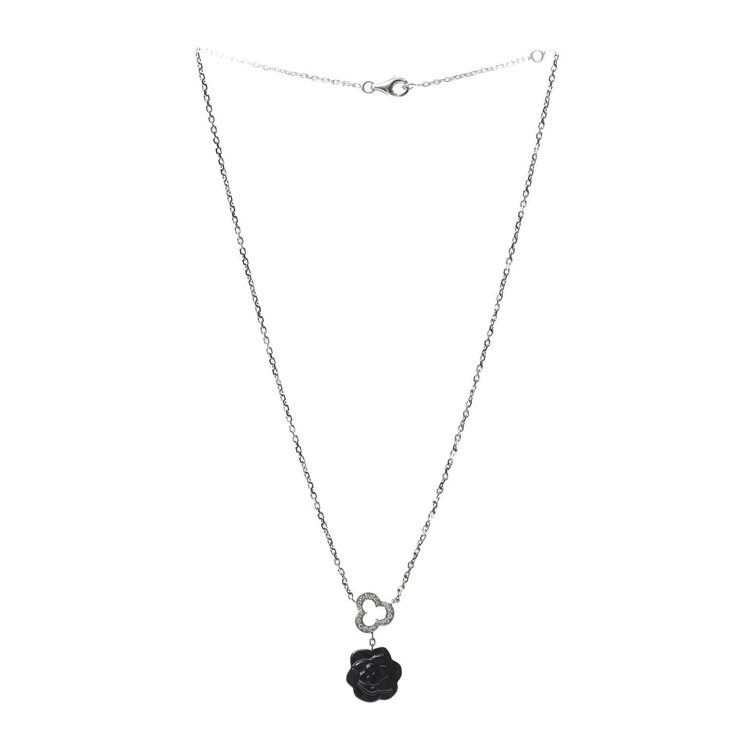 18K White Gold Diamond Black Onyx Camelia Sculpte Drop Pendant Necklace