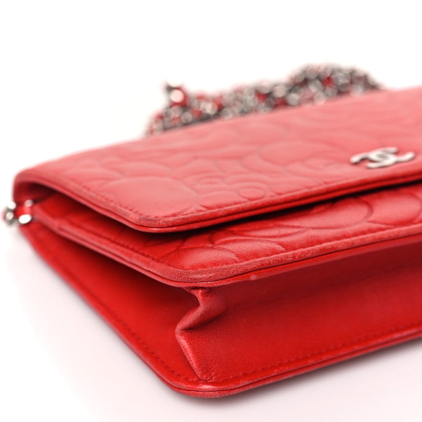 Lambskin Camellia Embossed Wallet on Chain WOC Red