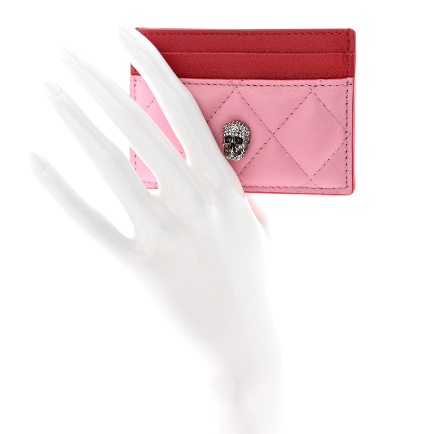 Lambskin Quilted Skull Card Holder Pastel Pink