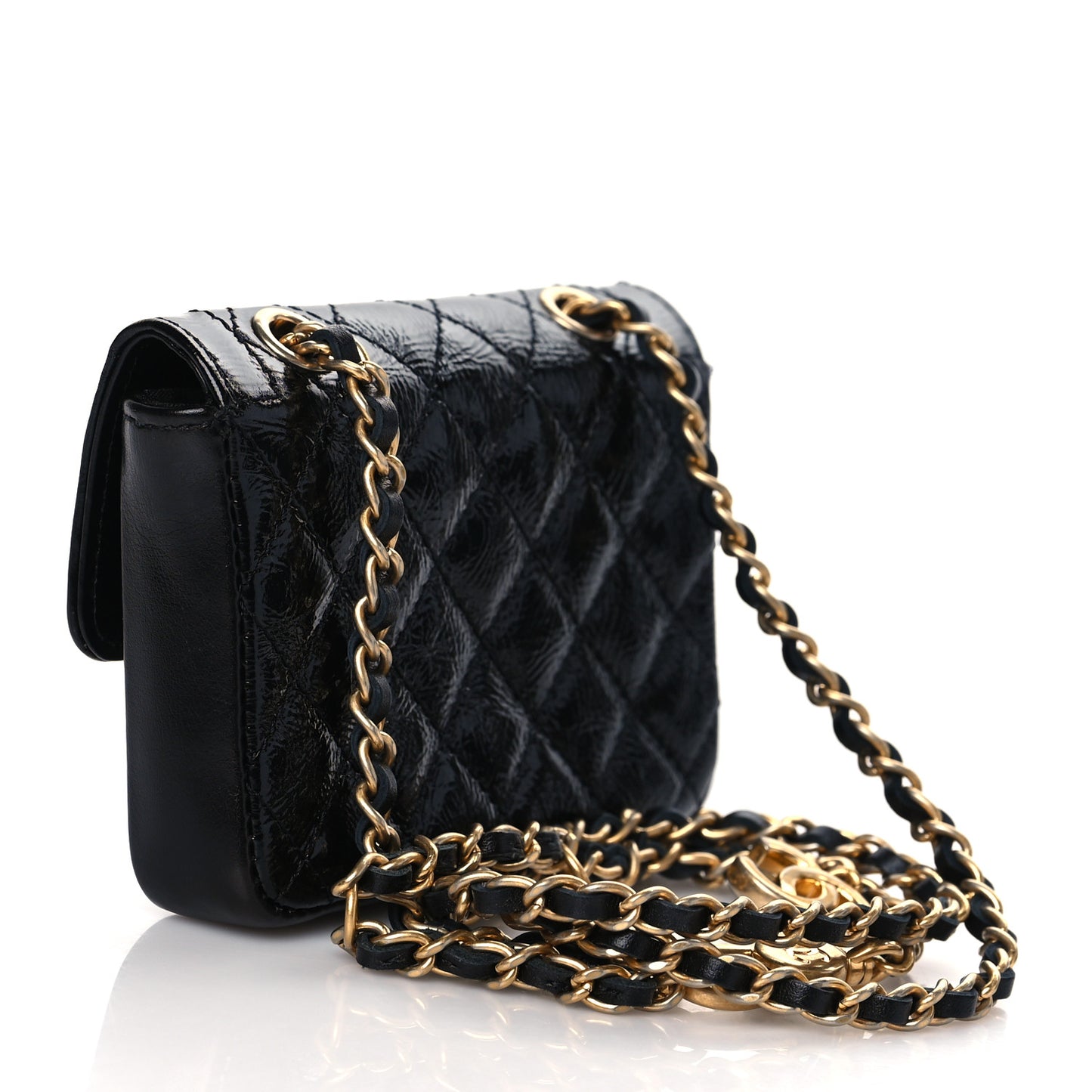 Shiny Aged Calfskin Quilted Waist Belt Bag Black
