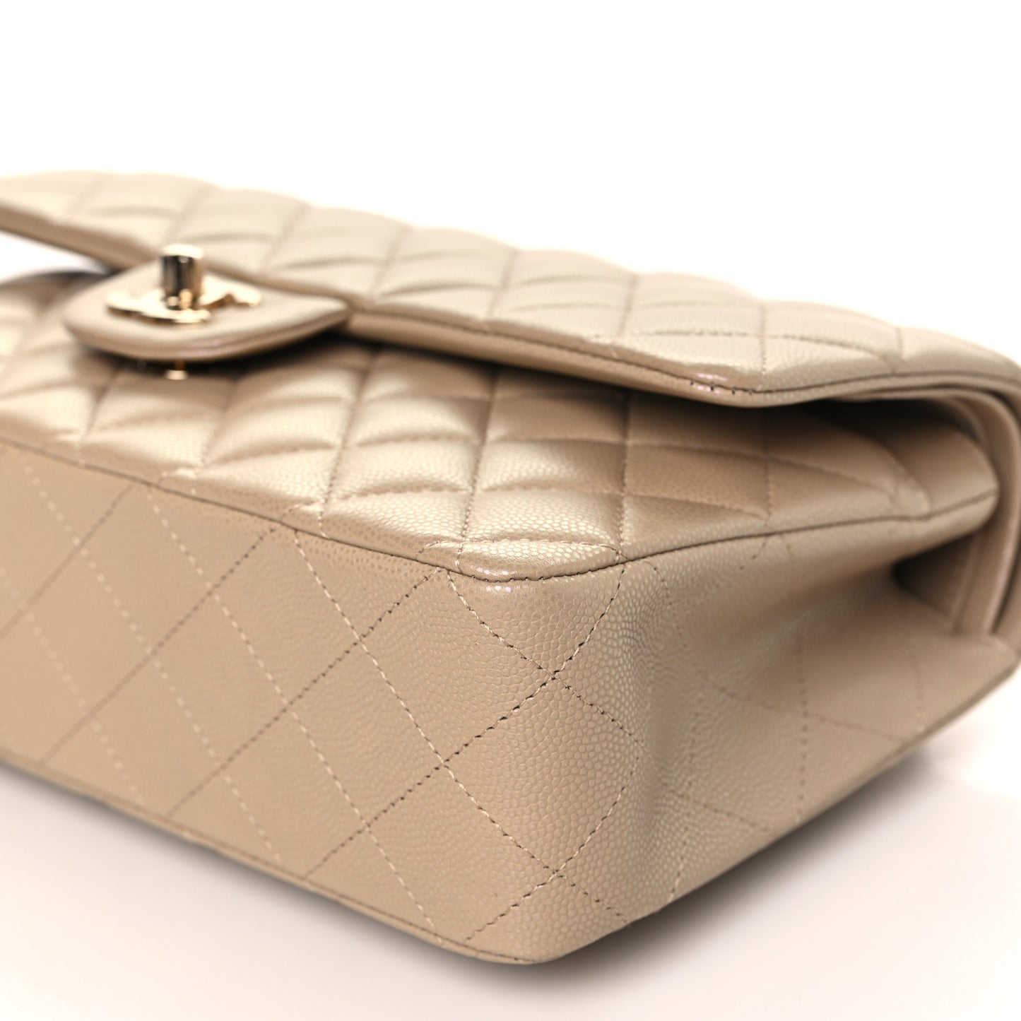 Iridescent Caviar Quilted Medium Double Flap Dark Beige