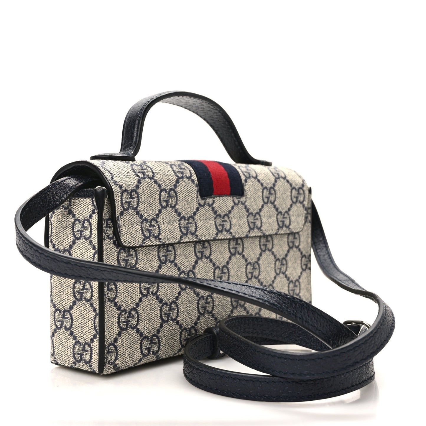 GG Supreme Monogram Textured Dollar Calfskin Web Mini Padlock Top Handle Shoulder Bag Beige Blue