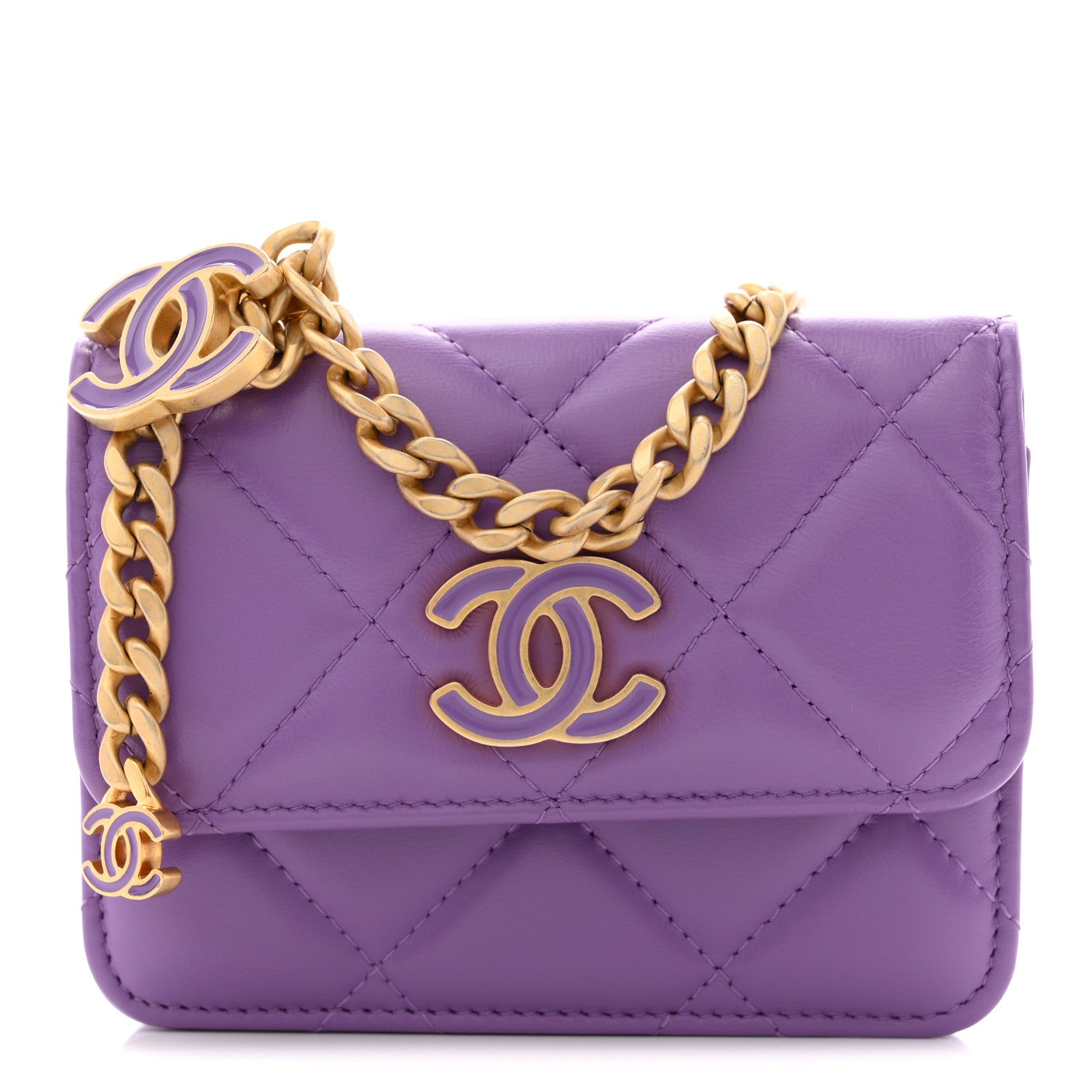 Chanel Lambskin Enamel Quilted Pending CC Flap Belt Bag Purple