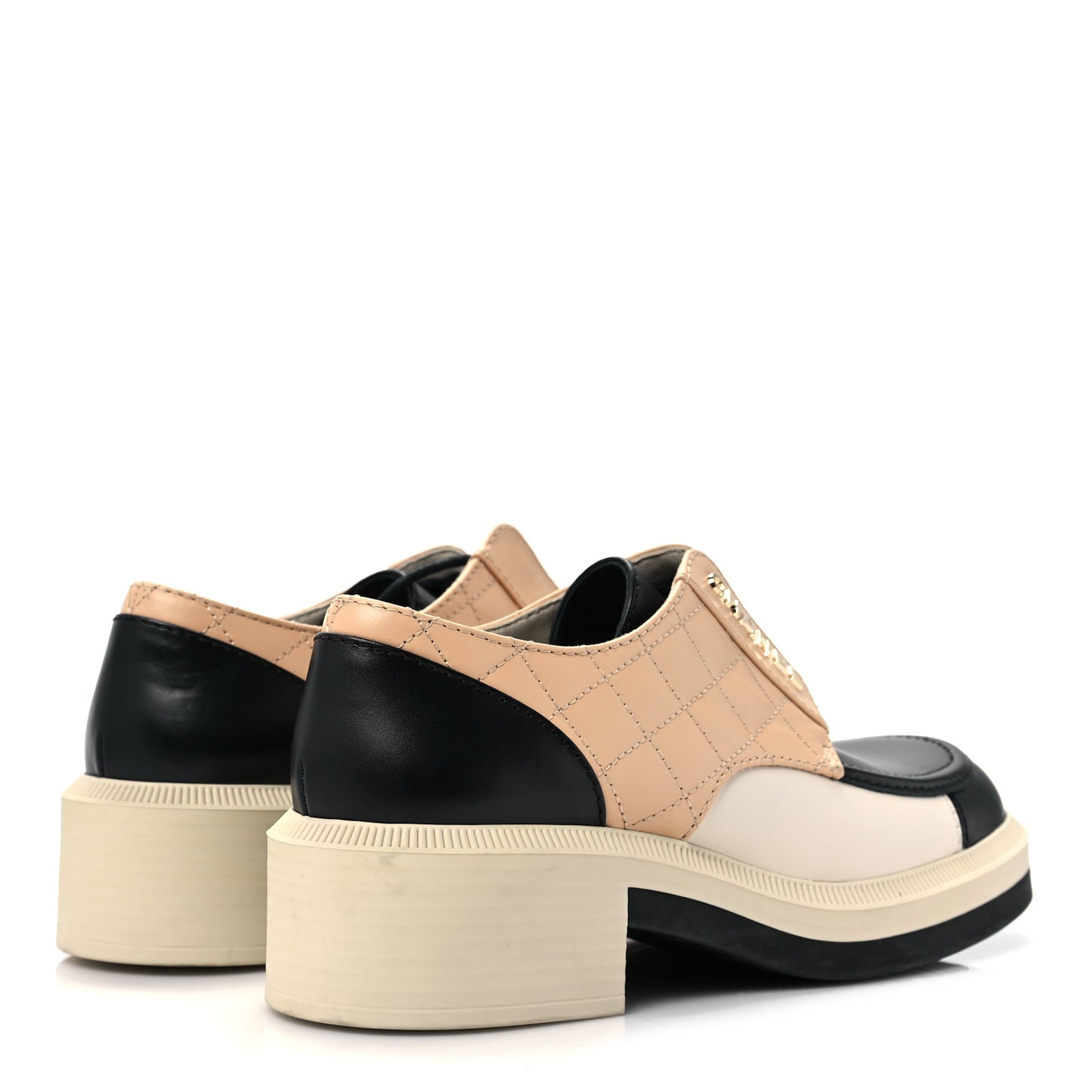 Calfskin Quilted Logo Lace Up Loafers 37 Black Beige
