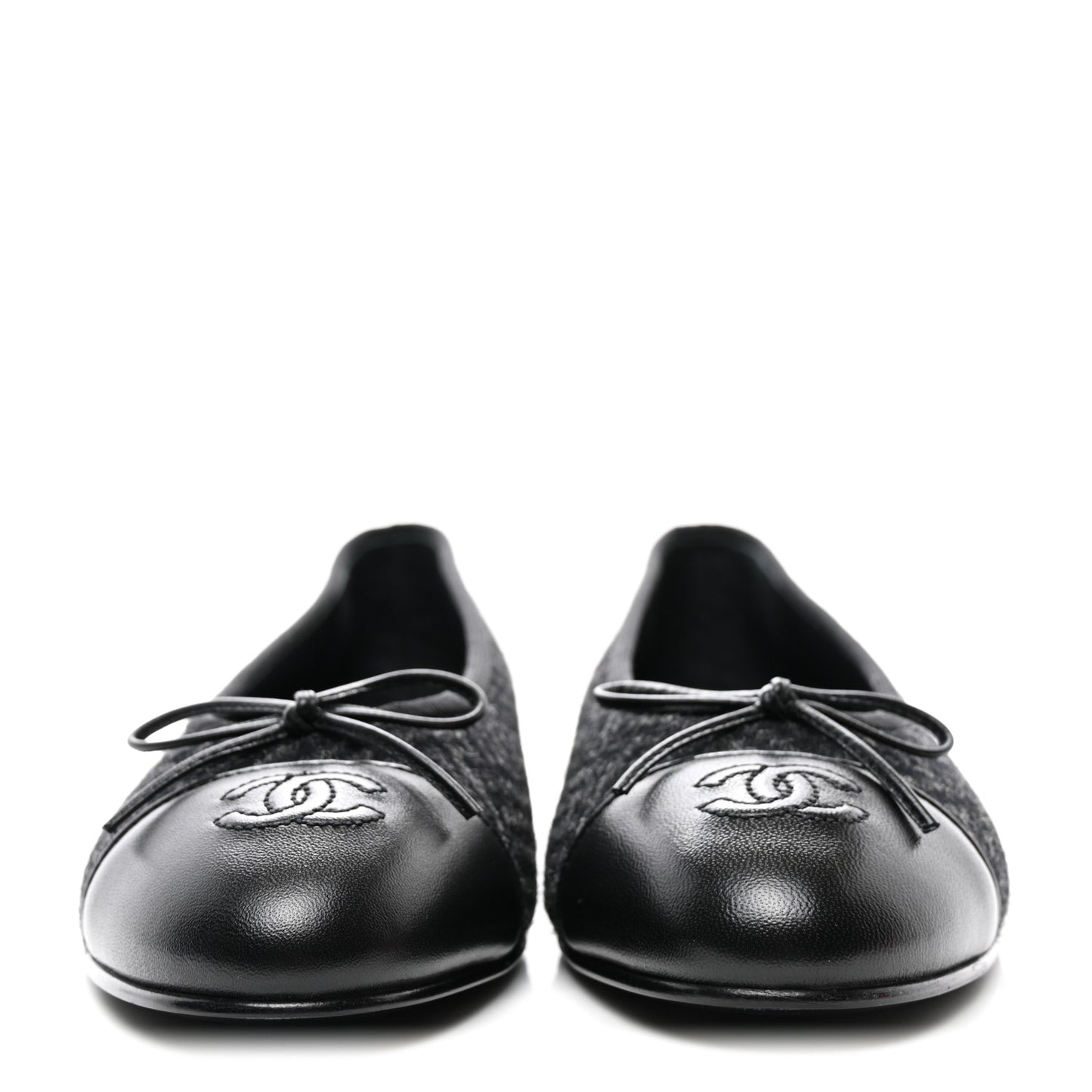 Wool Tweed Lambskin Cap Toe Ballerina Flats 40 Black Grey