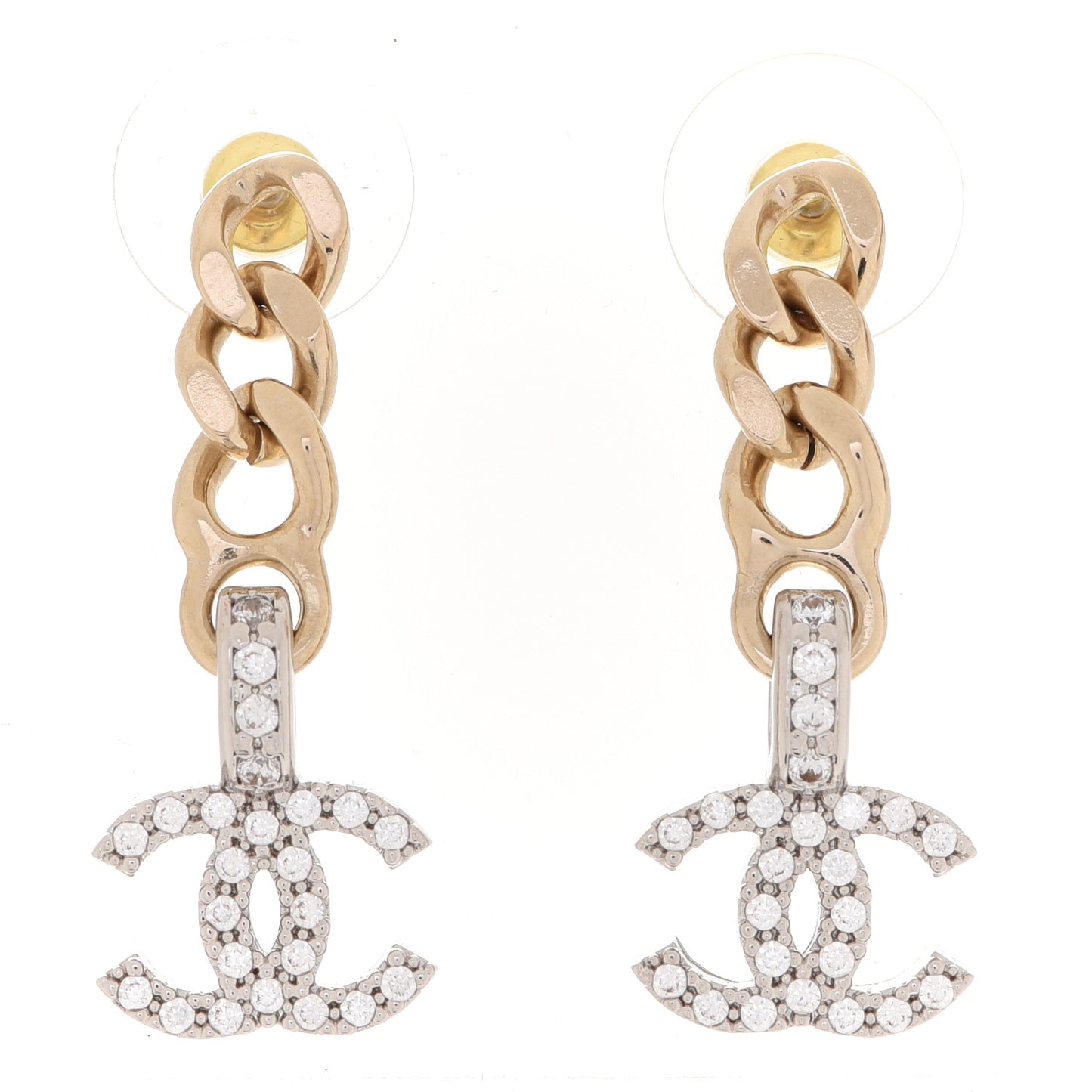 Metal Crystal CC Chain Drop Earrings Gold