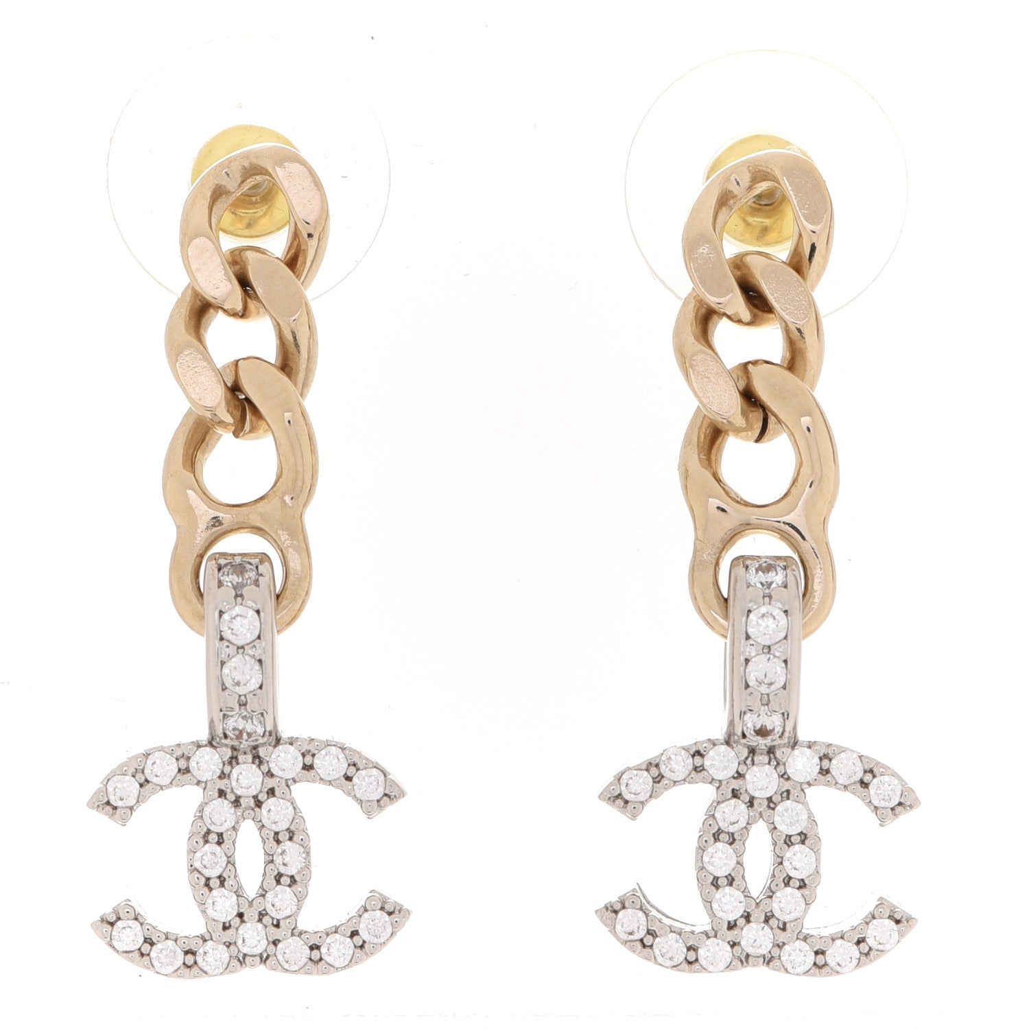 Chanel Metal Crystal CC Chain Drop Earrings Gold 1 of 4
