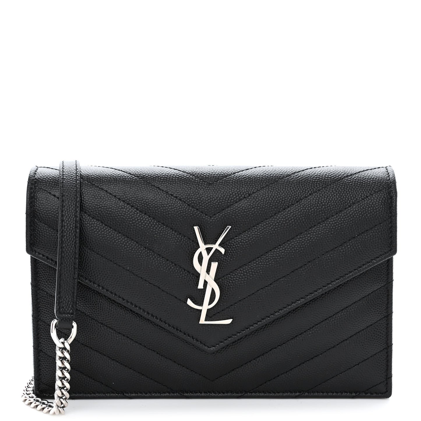 Grain De Poudre Matelasse Chevron Monogram Envelope Chain Wallet Black