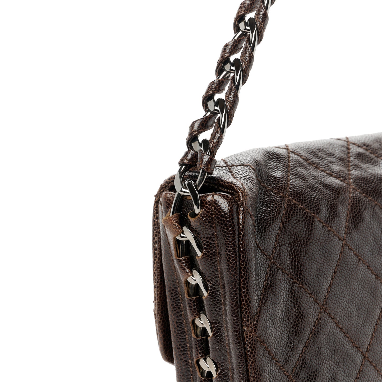 Glazed Caviar Quilted Modern Chain Flap Dark Brown