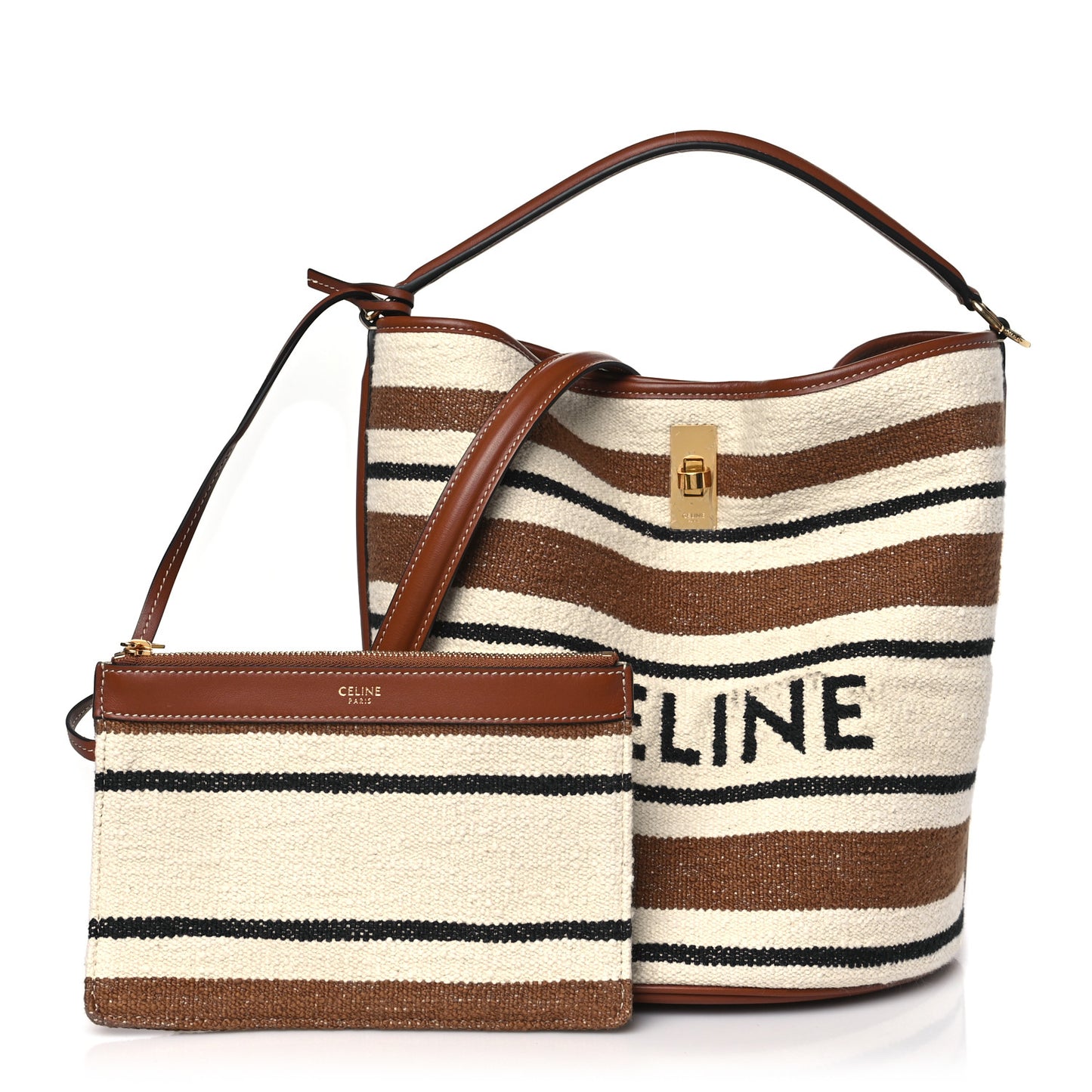 Canvas Smooth Calfskin Logo Bucket 16 Bag Brown Off White Tan