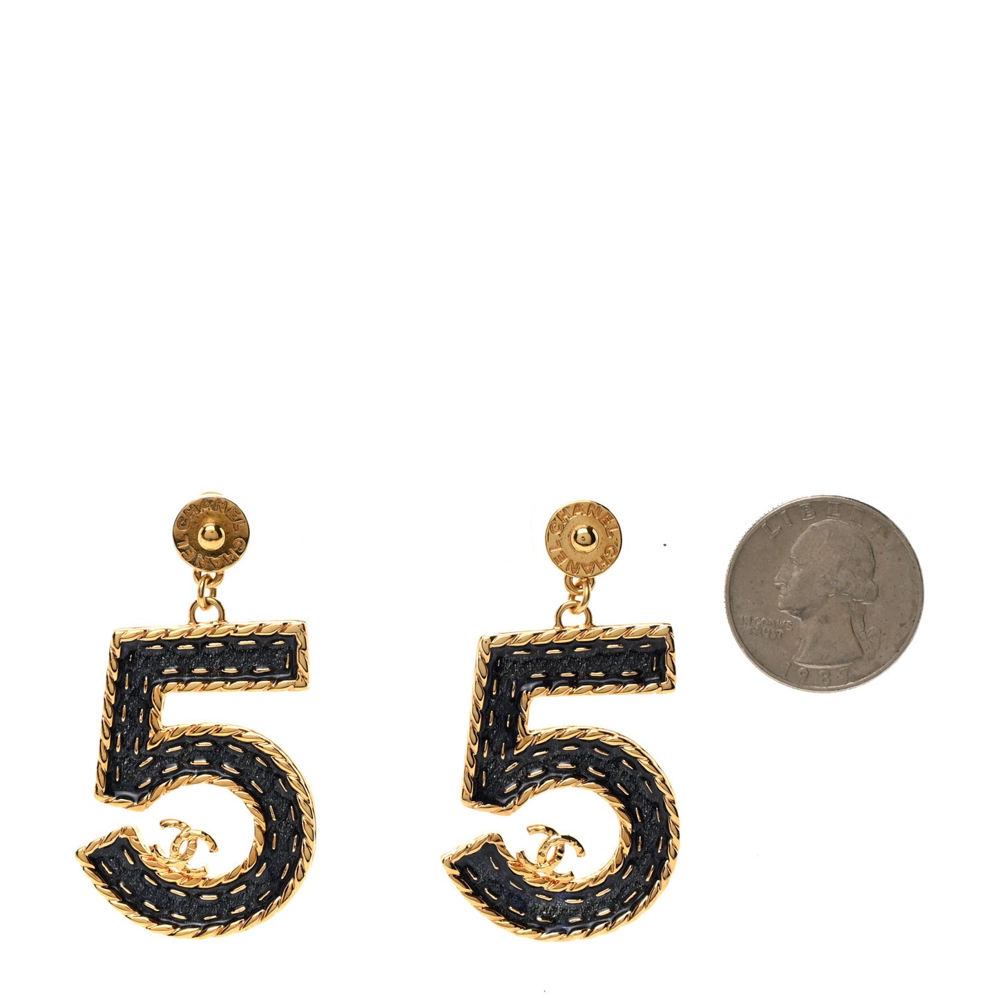 Metal Enamel CC No 5 Rope Drop Earrings Gold Denim Blue