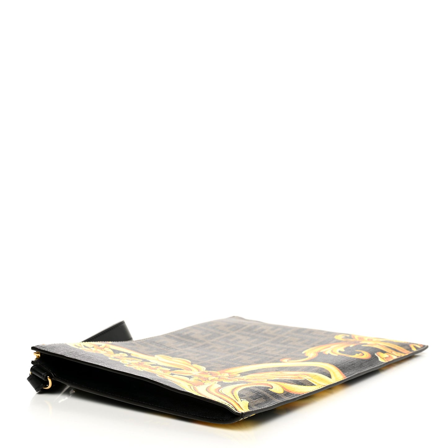 X VERSACE Glazed Fabric Vitello Cover Fendace FF Baroque Large Flat Pouch Black Gold